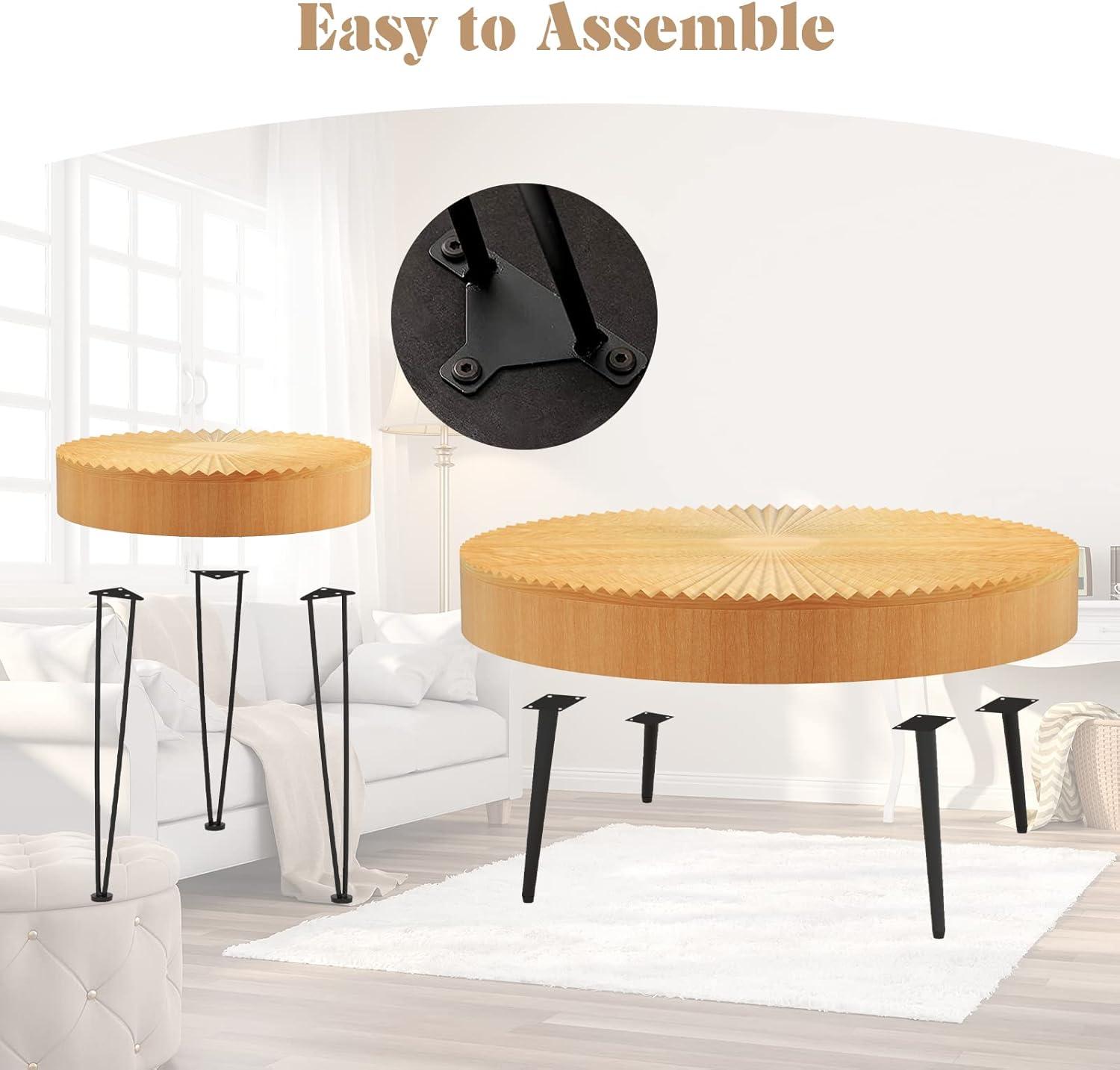 image:imageGiantex Boho Round Coffee Table Set of 2 Sofa Side Nesting Table with Solid Pine Wood Top Metal Legs amp Adjustable Foot Pads 315 D Large Table Set for Living Room Ring Pattern NaturalNatural