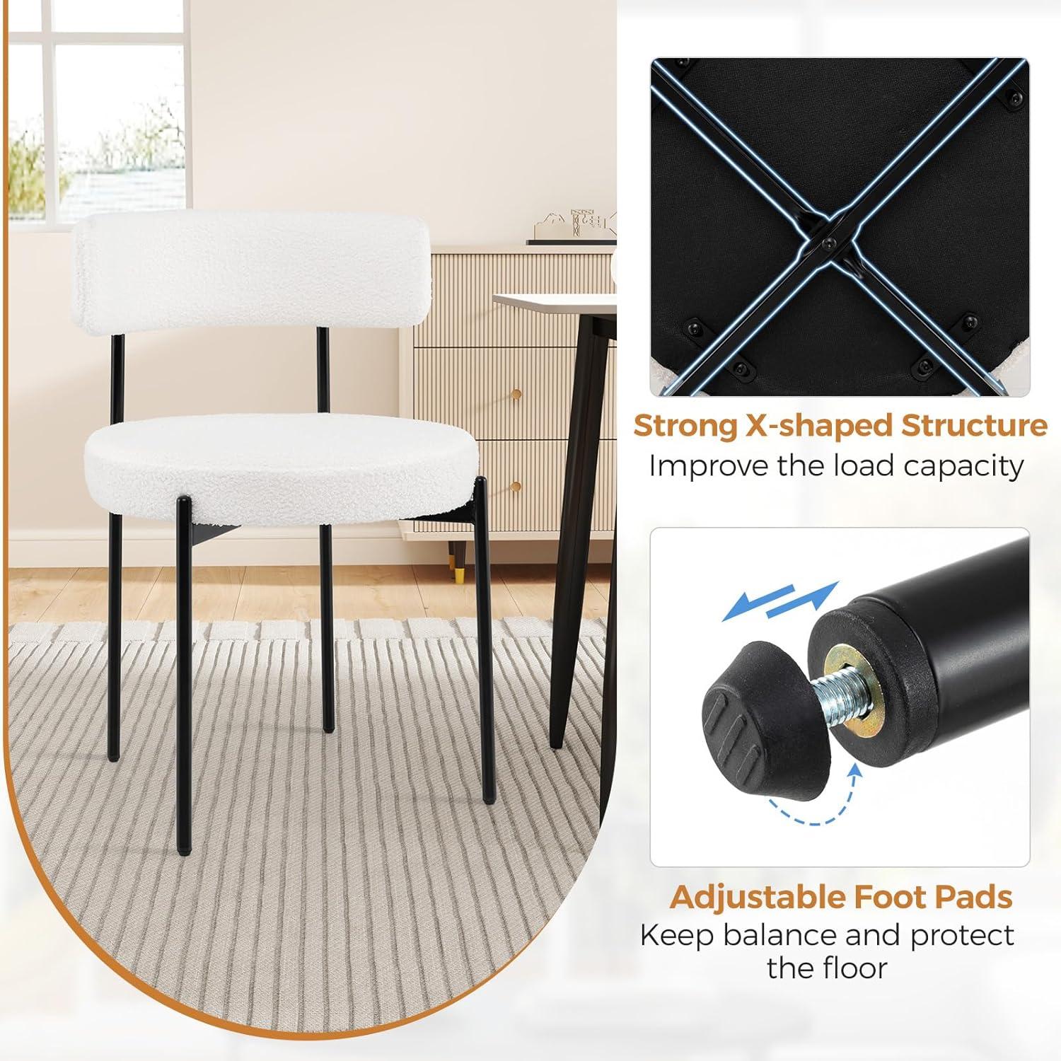 image:imageGiantex Boucle Dining Chairs Set of 2 Upholstered Round Kitchen Chair with Curved Backrest amp Metal Legs Modern Armless Side Chair White Sherpa Accent Chairs for Dining Room1Count Pack of 2