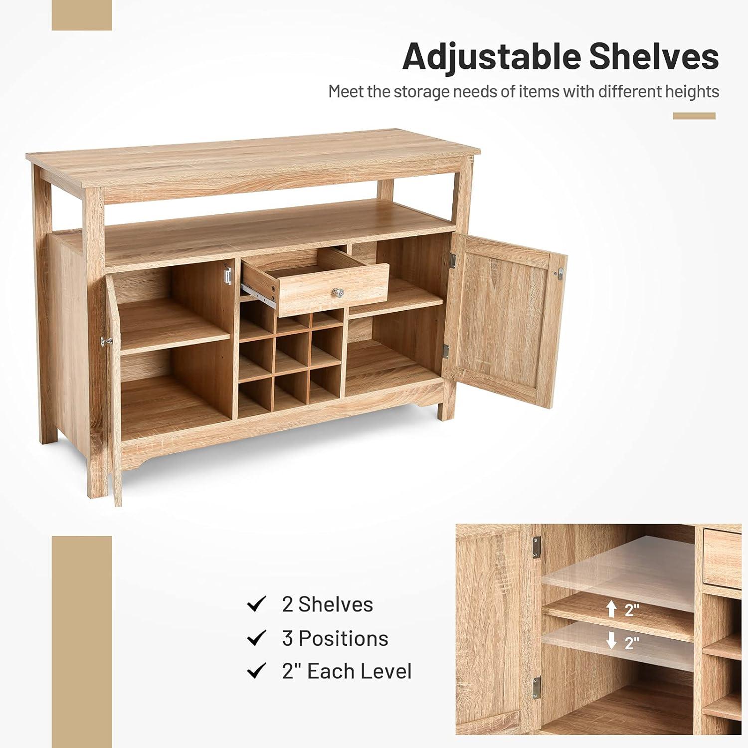 image:imageGiantex Buffet Server Sideboard Console Wood Dining Table Cupboard Table with 2 Cabinets 1 Drawer and 9 Wine Cabinets Storage Organizer Kitchen and Dining Room GrayNatural