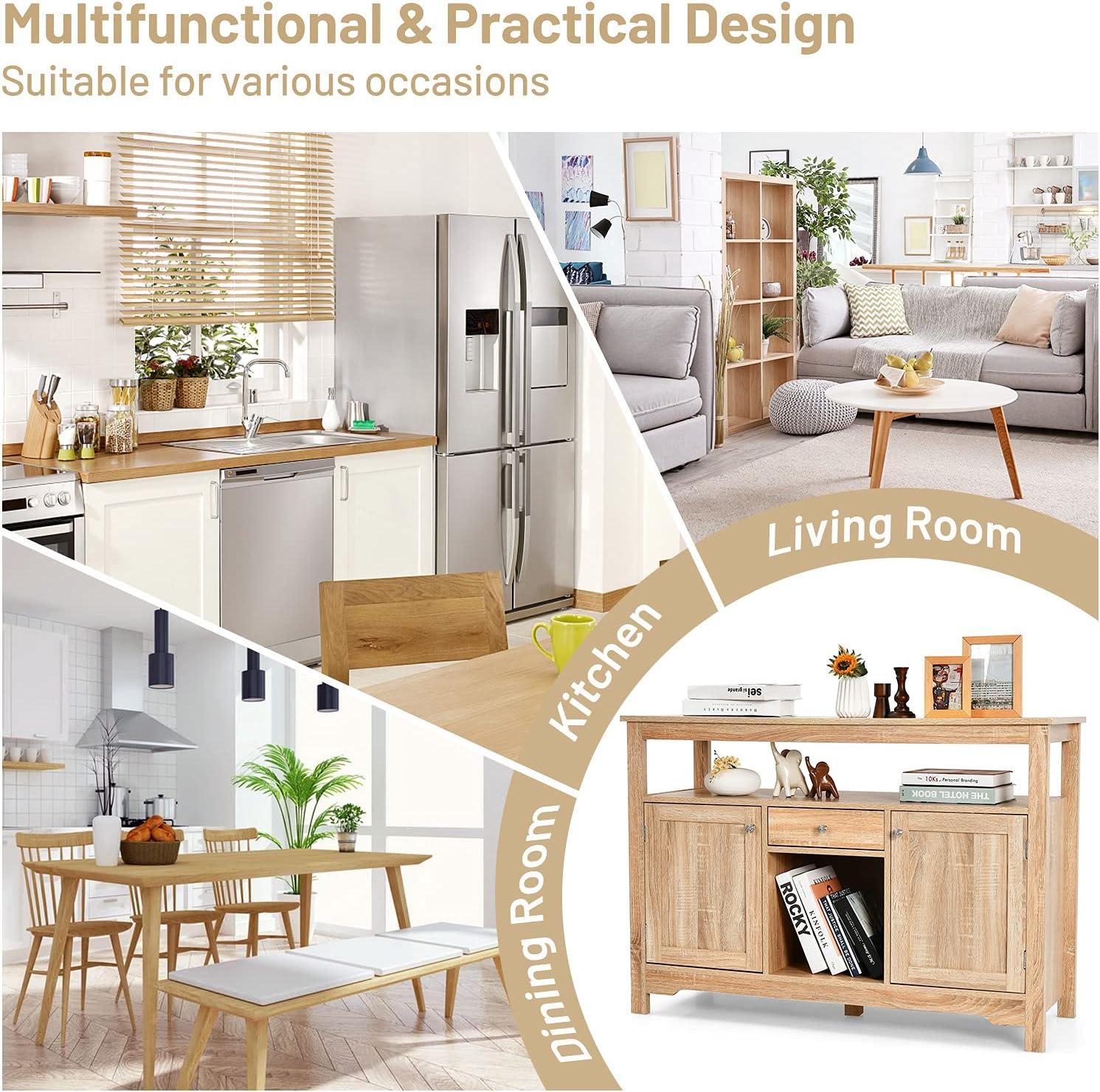 image:imageGiantex Buffet Server Sideboard Console Wood Dining Table Cupboard Table with 2 Cabinets 1 Drawer and 9 Wine Cabinets Storage Organizer Kitchen and Dining Room GrayNatural