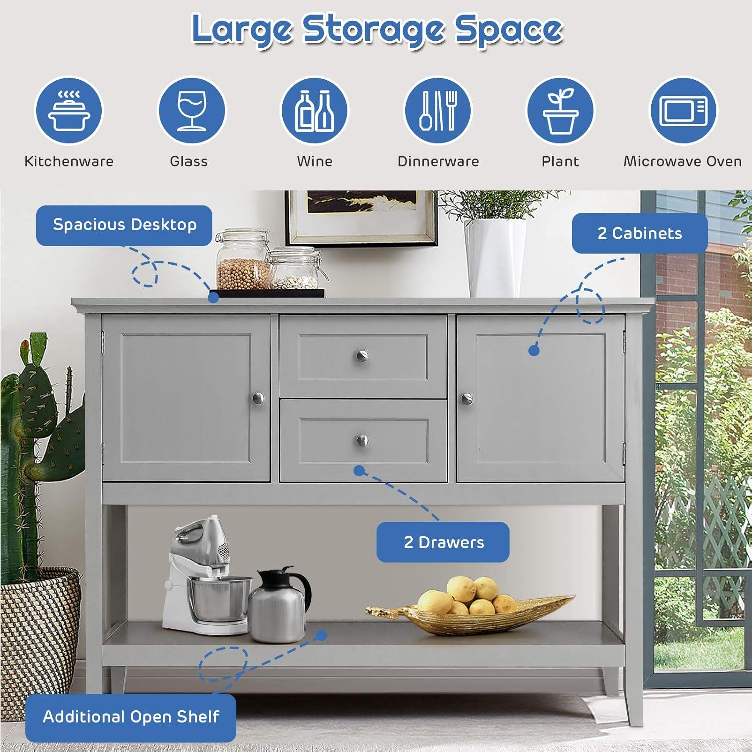 image:imageGiantex Buffet Sideboard Wood Storage Cabinet Console Table with Storage Shelf 2 Drawers and Cabinets Living Room Kitchen Dining Room Furniture Wood Buffet Server Coffee BrownGrey