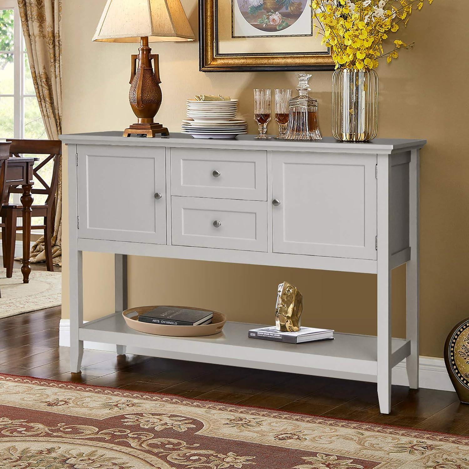 image:imageGiantex Buffet Sideboard Wood Storage Cabinet Console Table with Storage Shelf 2 Drawers and Cabinets Living Room Kitchen Dining Room Furniture Wood Buffet Server Coffee BrownGrey