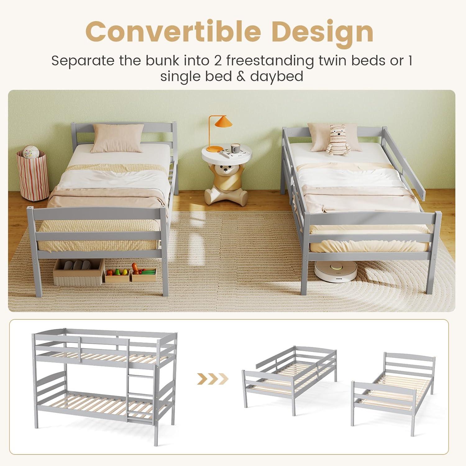 image:imageGiantex Bunk Bed Twin Over Twin Solid Wood Detachable Bed Frame with High Guardrails amp Integrated Ladder Wooden Slatted Bunk Bed for Kids amp Teens No Box Spring Needed WhiteGrey