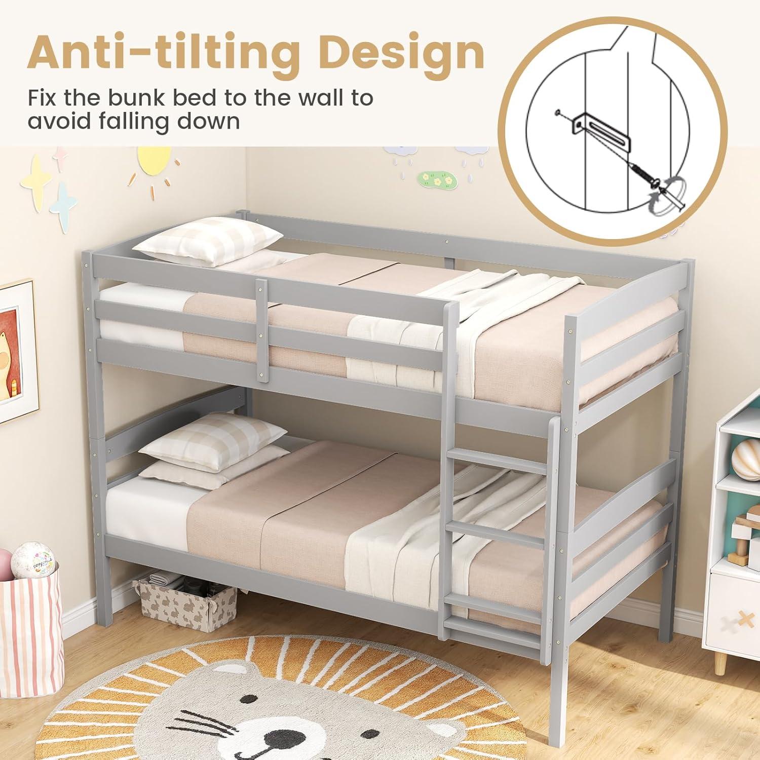 image:imageGiantex Bunk Bed Twin Over Twin Solid Wood Detachable Bed Frame with High Guardrails amp Integrated Ladder Wooden Slatted Bunk Bed for Kids amp Teens No Box Spring Needed WhiteGrey