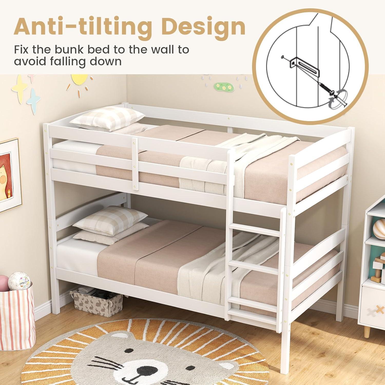 image:imageGiantex Bunk Bed Twin Over Twin Solid Wood Detachable Bed Frame with High Guardrails amp Integrated Ladder Wooden Slatted Bunk Bed for Kids amp Teens No Box Spring Needed WhiteWhite