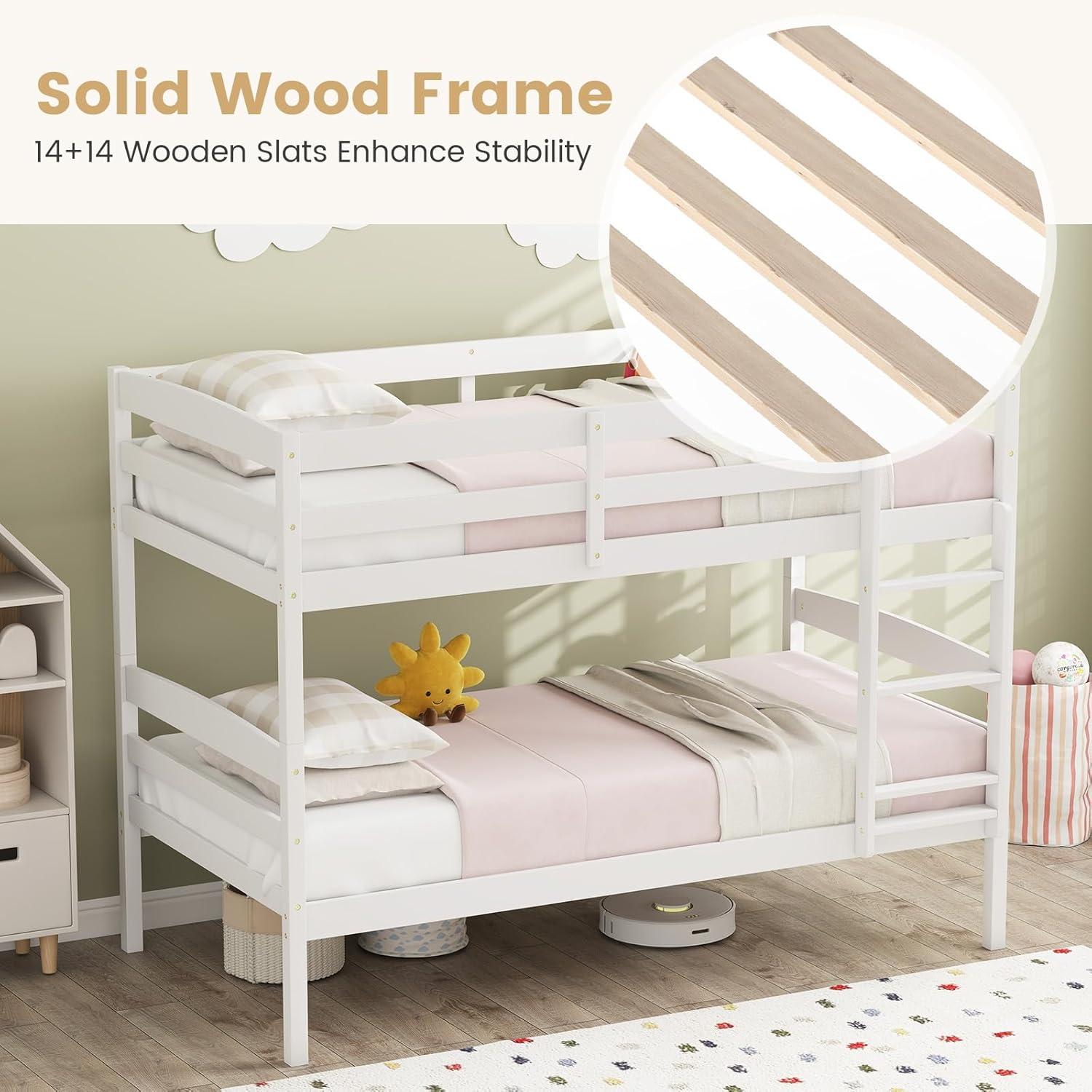 image:imageGiantex Bunk Bed Twin Over Twin Solid Wood Detachable Bed Frame with High Guardrails amp Integrated Ladder Wooden Slatted Bunk Bed for Kids amp Teens No Box Spring Needed WhiteWhite