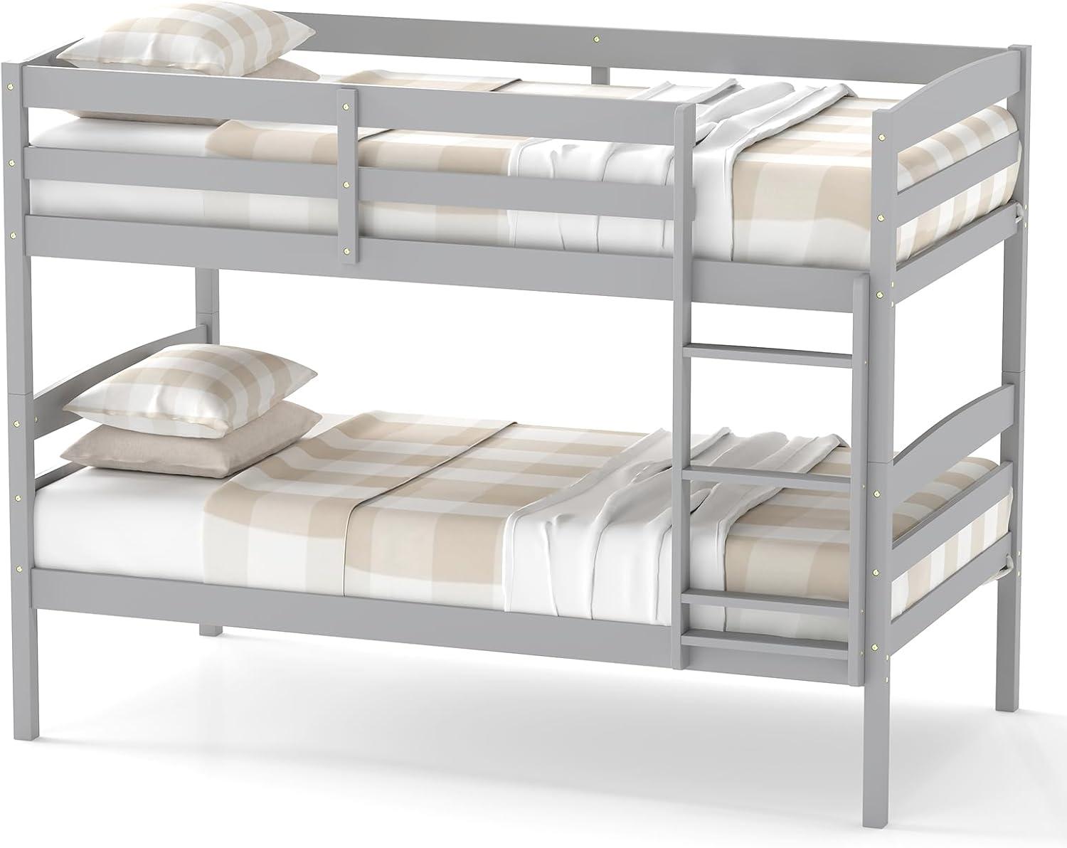 image:imageGiantex Bunk Bed Twin Over Twin Solid Wood Detachable Bed Frame with High Guardrails amp Integrated Ladder Wooden Slatted Bunk Bed for Kids amp Teens No Box Spring Needed WhiteGrey