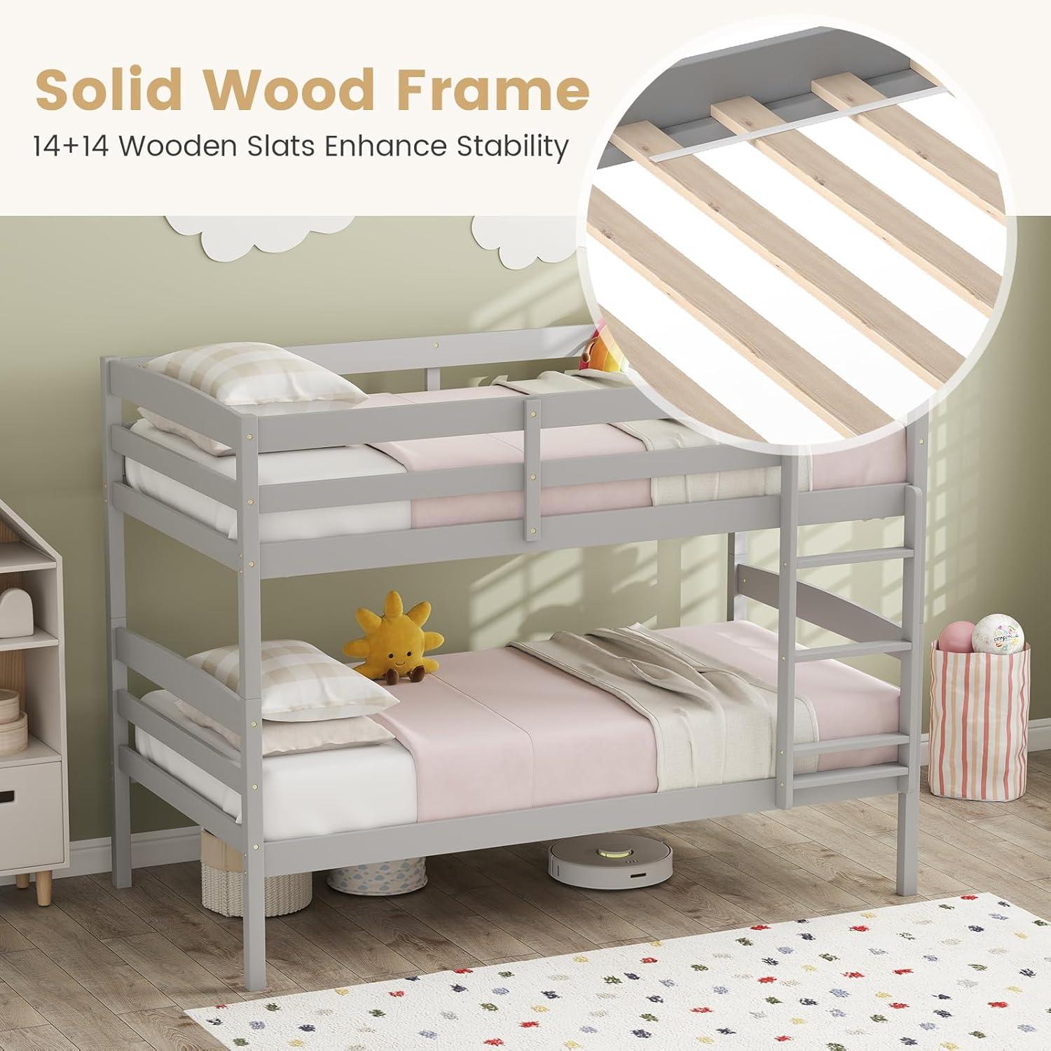 image:imageGiantex Bunk Bed Twin Over Twin Solid Wood Detachable Bed Frame with High Guardrails amp Integrated Ladder Wooden Slatted Bunk Bed for Kids amp Teens No Box Spring Needed WhiteGrey