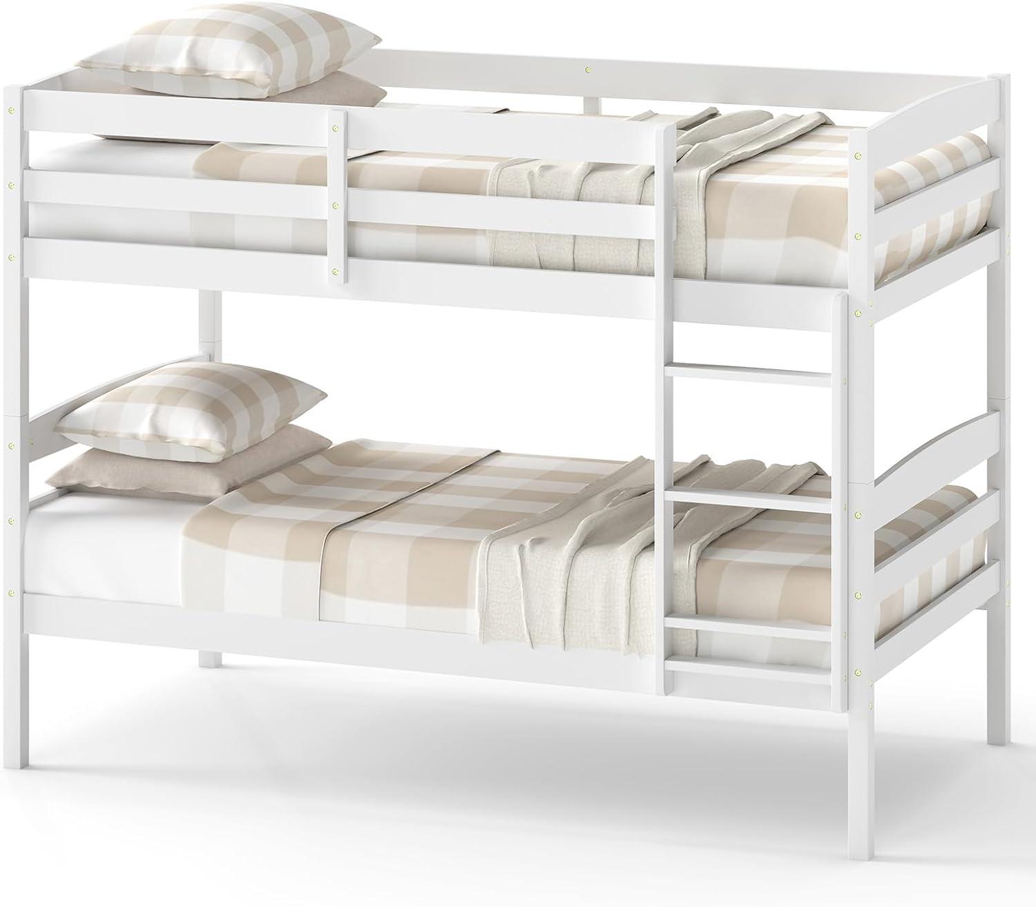 image:imageGiantex Bunk Bed Twin Over Twin Solid Wood Detachable Bed Frame with High Guardrails amp Integrated Ladder Wooden Slatted Bunk Bed for Kids amp Teens No Box Spring Needed WhiteWhite