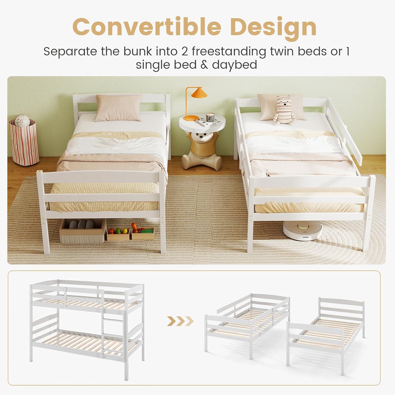 image:imageGiantex Bunk Bed Twin Over Twin Solid Wood Detachable Bed Frame with High Guardrails amp Integrated Ladder Wooden Slatted Bunk Bed for Kids amp Teens No Box Spring Needed WhiteWhite