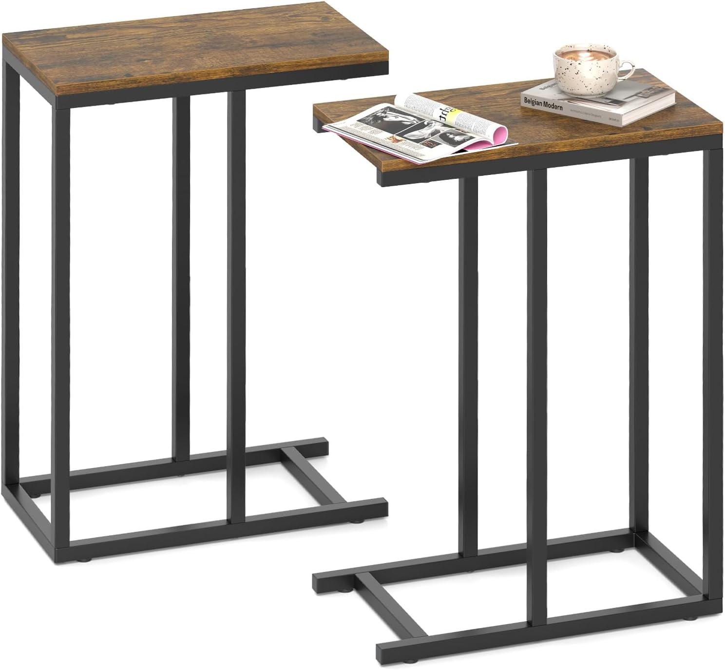 image:imageGiantex C Shaped End Table Small Side Table for Sofa Couch Table That Slide Under with Metal Frame Industrial TV Tray Tables for Small Spaces Living Room Bedroom Rustic BrownRustic Brown