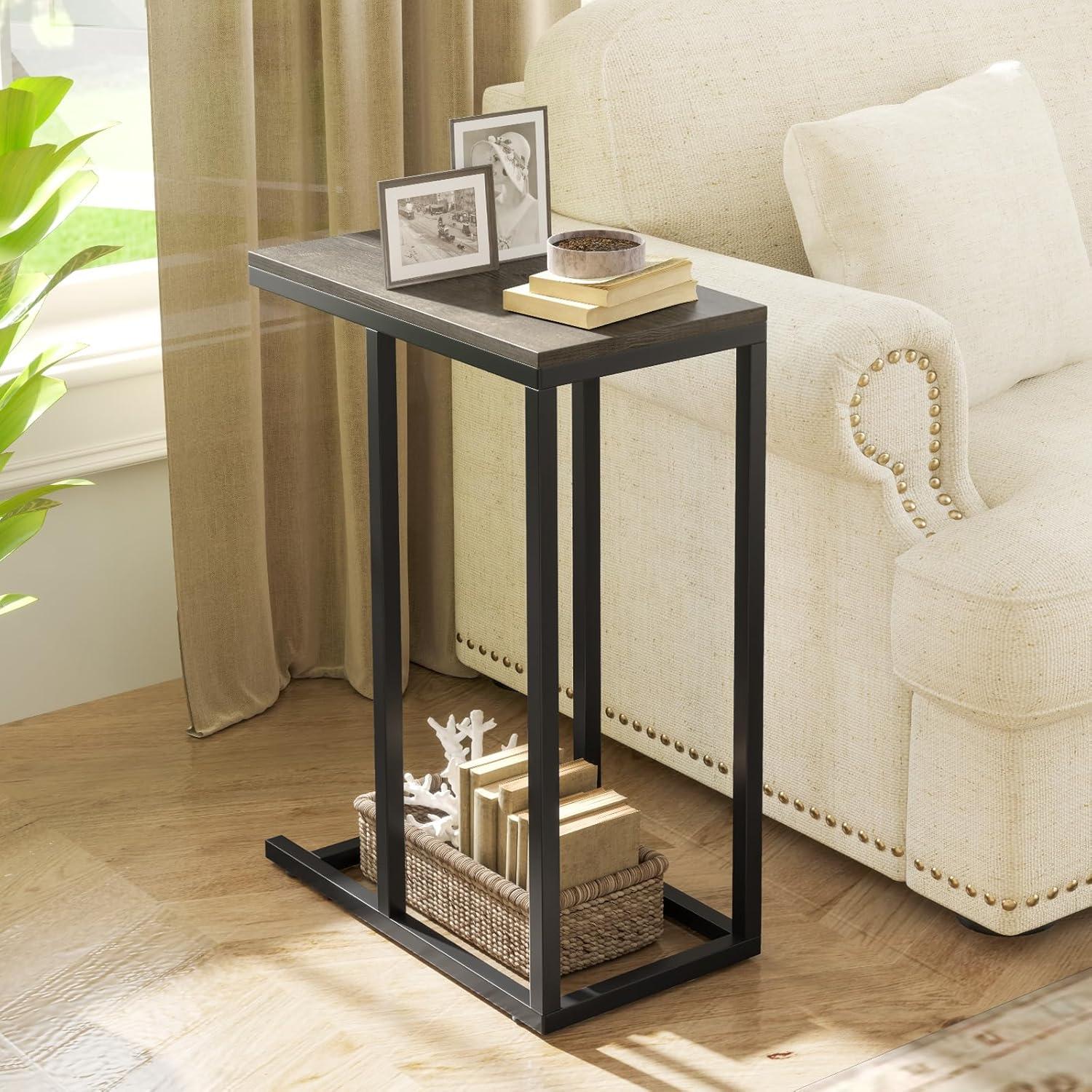 image:imageGiantex C Shaped End Table Small Side Table for Sofa Couch Table That Slide Under with Metal Frame Industrial TV Tray Tables for Small Spaces Living Room Bedroom Rustic BrownGreige