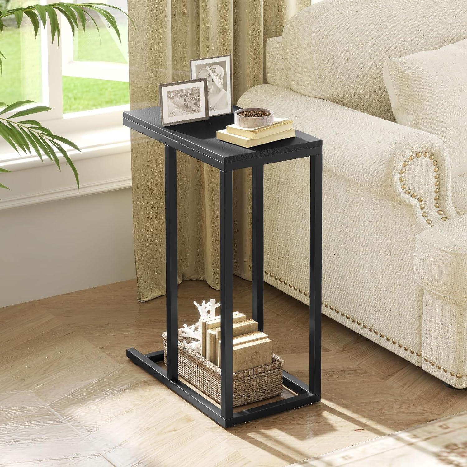 image:imageGiantex C Shaped End Table Small Side Table for Sofa Couch Table That Slide Under with Metal Frame Industrial TV Tray Tables for Small Spaces Living Room Bedroom Rustic BrownBlack