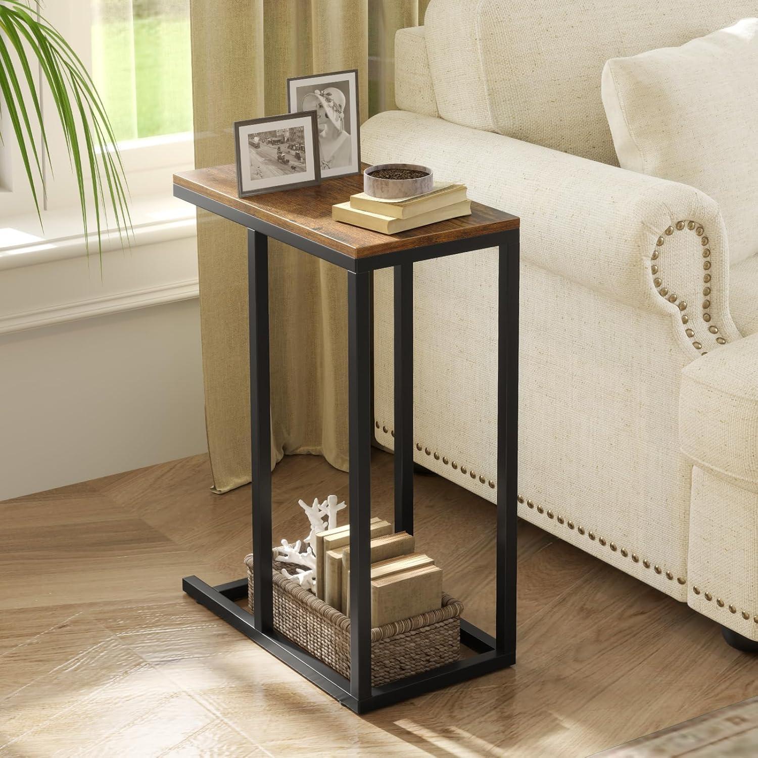 image:imageGiantex C Shaped End Table Small Side Table for Sofa Couch Table That Slide Under with Metal Frame Industrial TV Tray Tables for Small Spaces Living Room Bedroom Rustic BrownRustic Brown