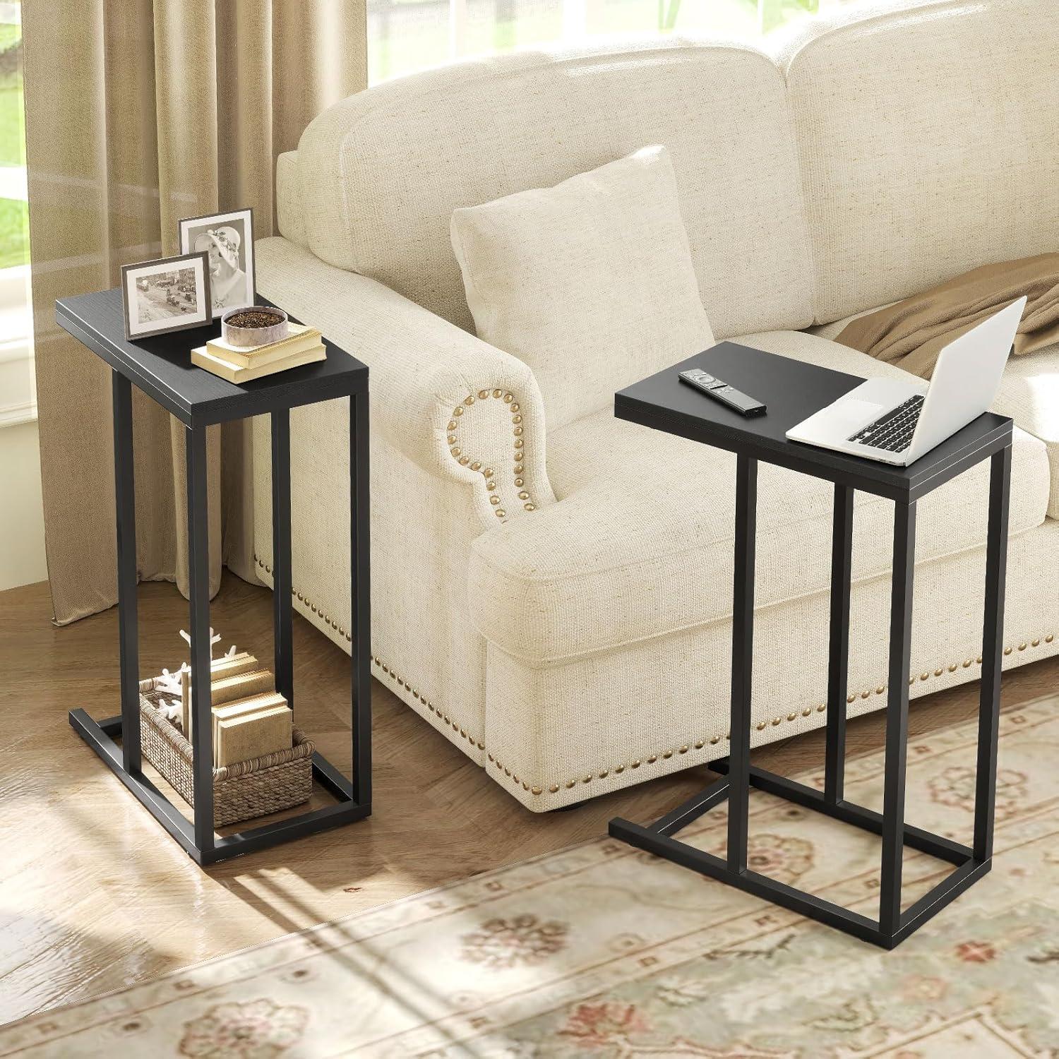 image:imageGiantex C Shaped End Table Small Side Table for Sofa Couch Table That Slide Under with Metal Frame Industrial TV Tray Tables for Small Spaces Living Room Bedroom Rustic BrownBlack