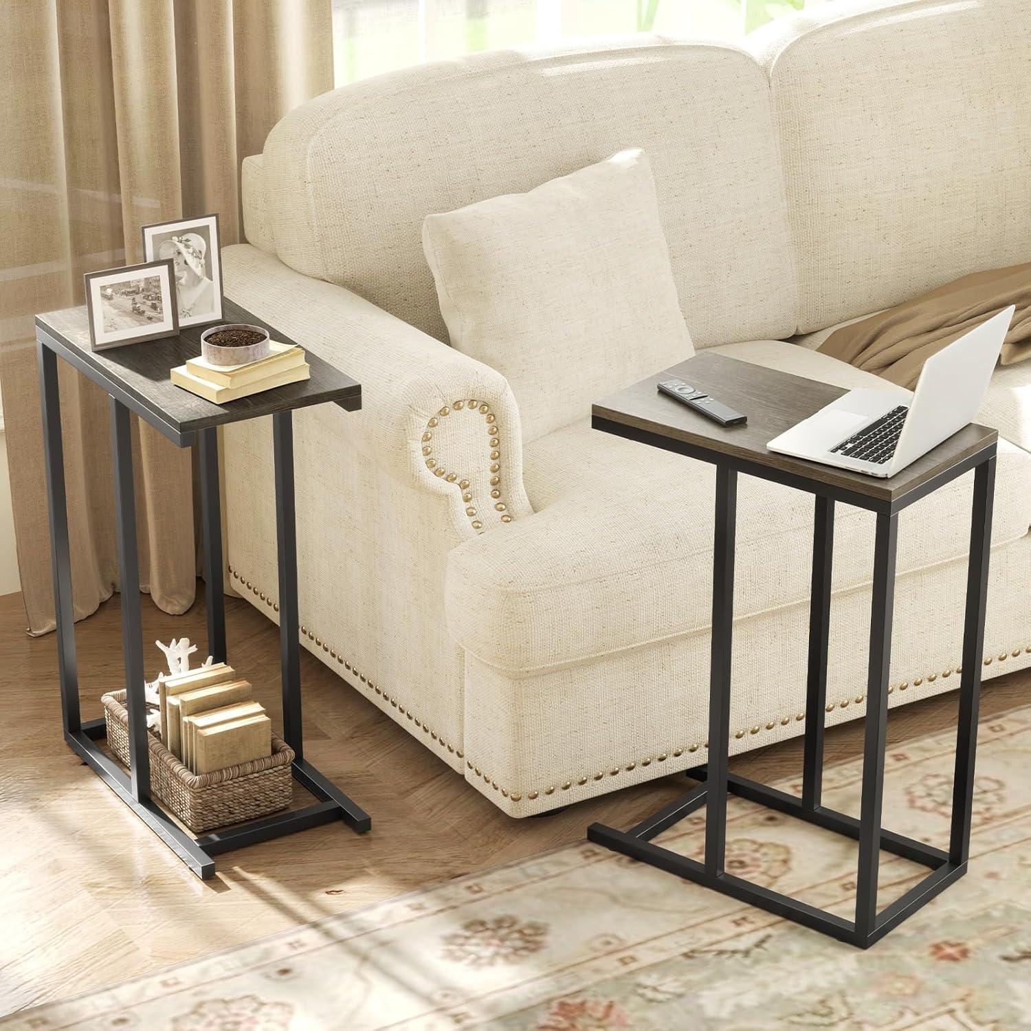 image:imageGiantex C Shaped End Table Small Side Table for Sofa Couch Table That Slide Under with Metal Frame Industrial TV Tray Tables for Small Spaces Living Room Bedroom Rustic BrownGreige