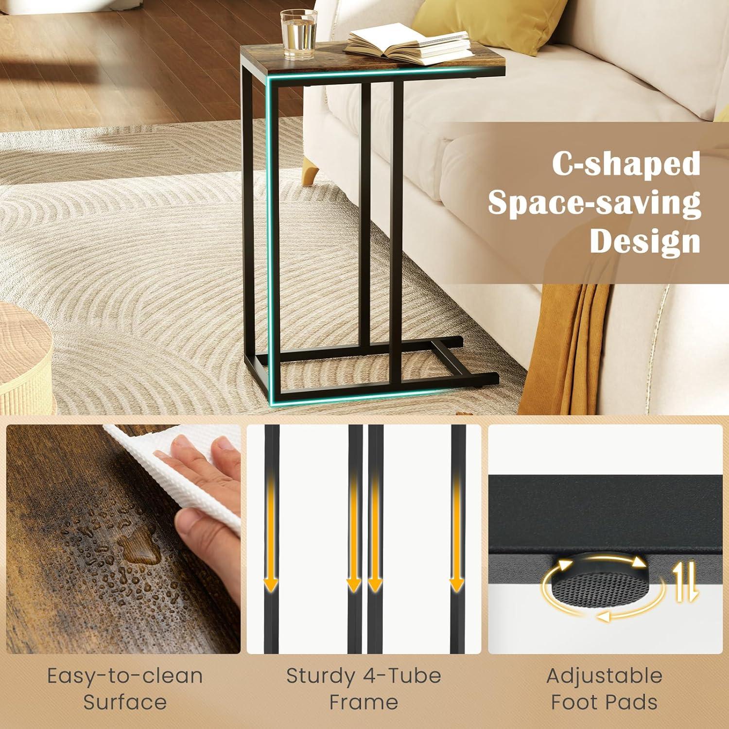 image:imageGiantex C Shaped End Table Small Side Table for Sofa Couch Table That Slide Under with Metal Frame Industrial TV Tray Tables for Small Spaces Living Room Bedroom Rustic BrownRustic Brown