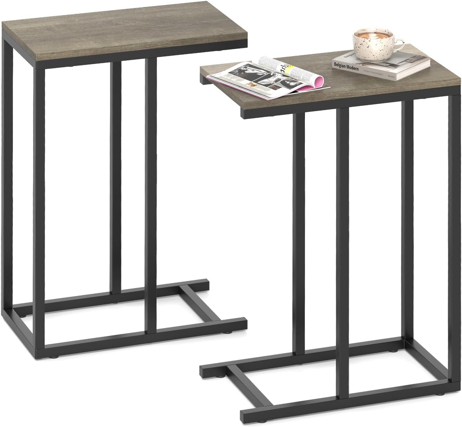 image:imageGiantex C Shaped End Table Small Side Table for Sofa Couch Table That Slide Under with Metal Frame Industrial TV Tray Tables for Small Spaces Living Room Bedroom Rustic BrownGreige