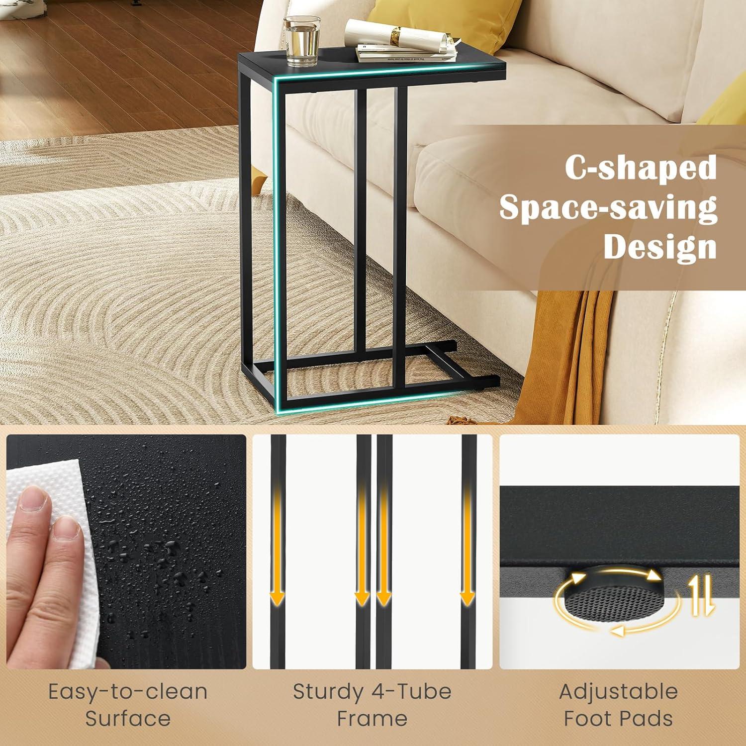 image:imageGiantex C Shaped End Table Small Side Table for Sofa Couch Table That Slide Under with Metal Frame Industrial TV Tray Tables for Small Spaces Living Room Bedroom Rustic BrownBlack