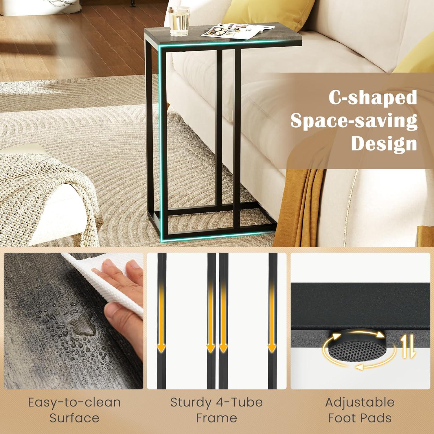 image:imageGiantex C Shaped End Table Small Side Table for Sofa Couch Table That Slide Under with Metal Frame Industrial TV Tray Tables for Small Spaces Living Room Bedroom Rustic BrownGreige