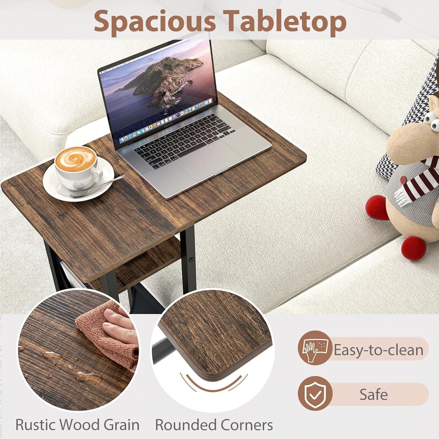 image:imageGiantex C Shaped End Table with Charging Station 27H Slide Under Couch Side Table wWheels Outlets amp USB Ports Storage Bag Small Laptop Sofa TV Tray C Table for Living Room Rustic Brown1