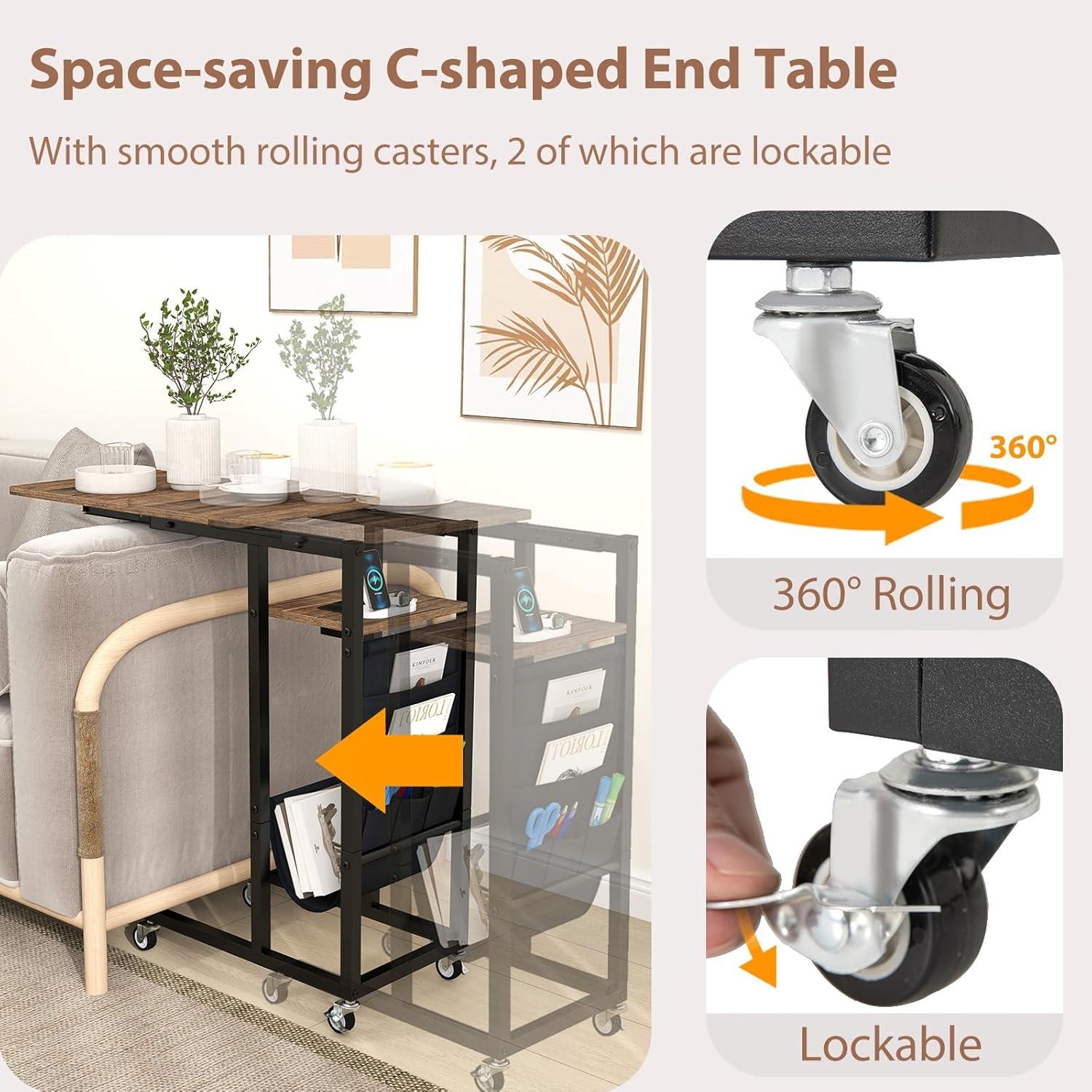 image:imageGiantex C Shaped End Table with Charging Station 27H Slide Under Couch Side Table wWheels Outlets amp USB Ports Storage Bag Small Laptop Sofa TV Tray C Table for Living Room Rustic Brown1
