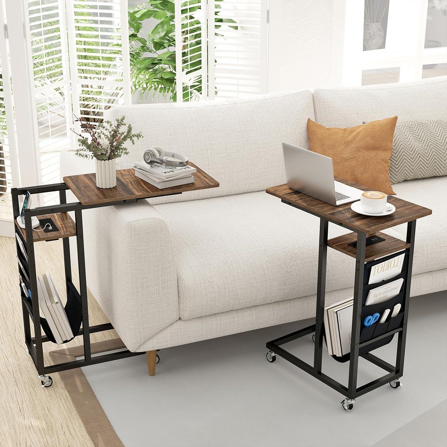 image:imageGiantex C Shaped End Table with Charging Station 27H Slide Under Couch Side Table wWheels Outlets amp USB Ports Storage Bag Small Laptop Sofa TV Tray C Table for Living Room Rustic Brown1