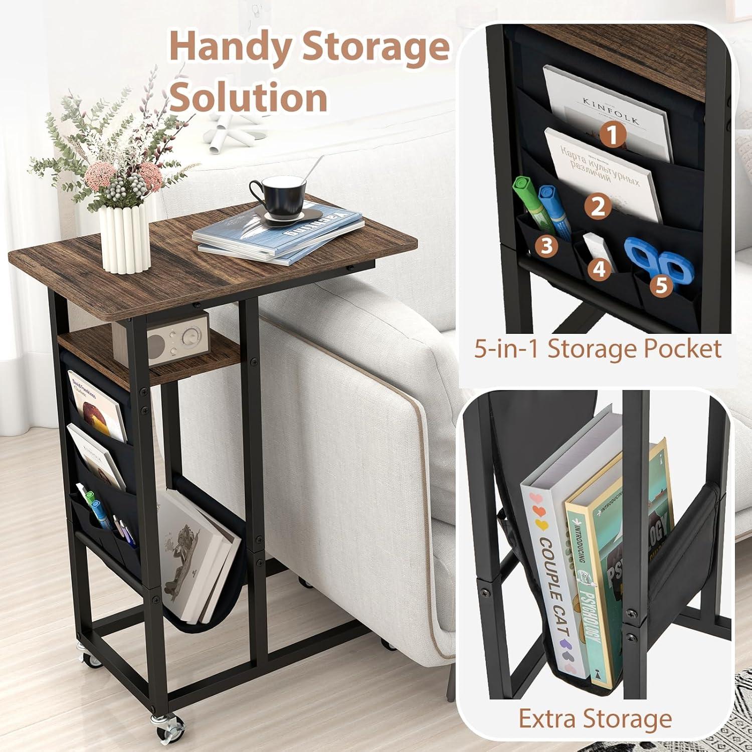 image:imageGiantex C Shaped End Table with Charging Station 27H Slide Under Couch Side Table wWheels Outlets amp USB Ports Storage Bag Small Laptop Sofa TV Tray C Table for Living Room Rustic Brown1