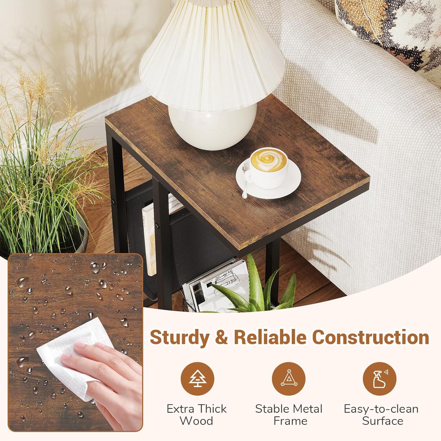 image:imageGiantex C Shaped End Table with Rolling Wheels Sofa Side Table with Magazine Storage Holder amp Metal Frame Mobile TV Tray Table for Small Space Living Room 16 L x 11 W x 23 H Rustic Brown1