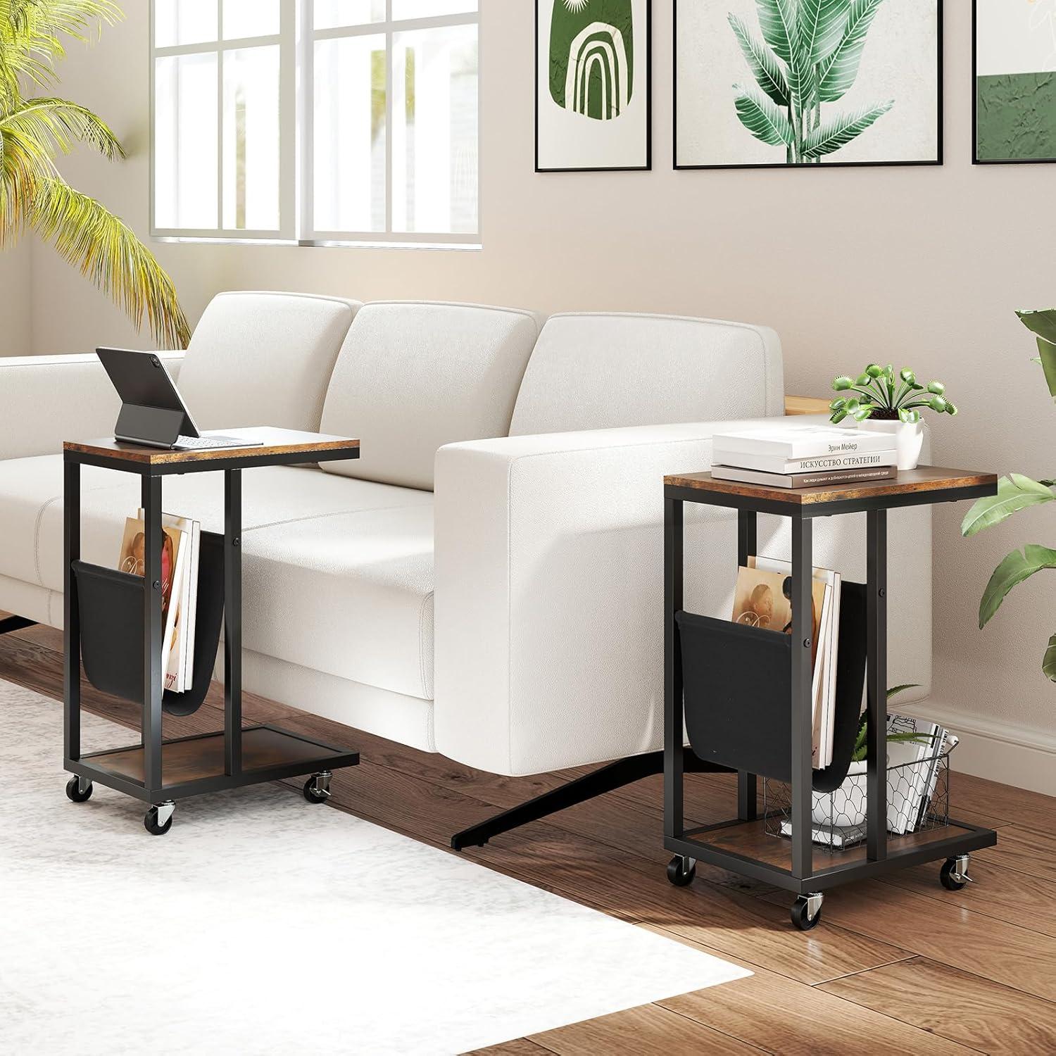 image:imageGiantex C Shaped End Table with Rolling Wheels Sofa Side Table with Magazine Storage Holder amp Metal Frame Mobile TV Tray Table for Small Space Living Room 16 L x 11 W x 23 H Rustic Brown1