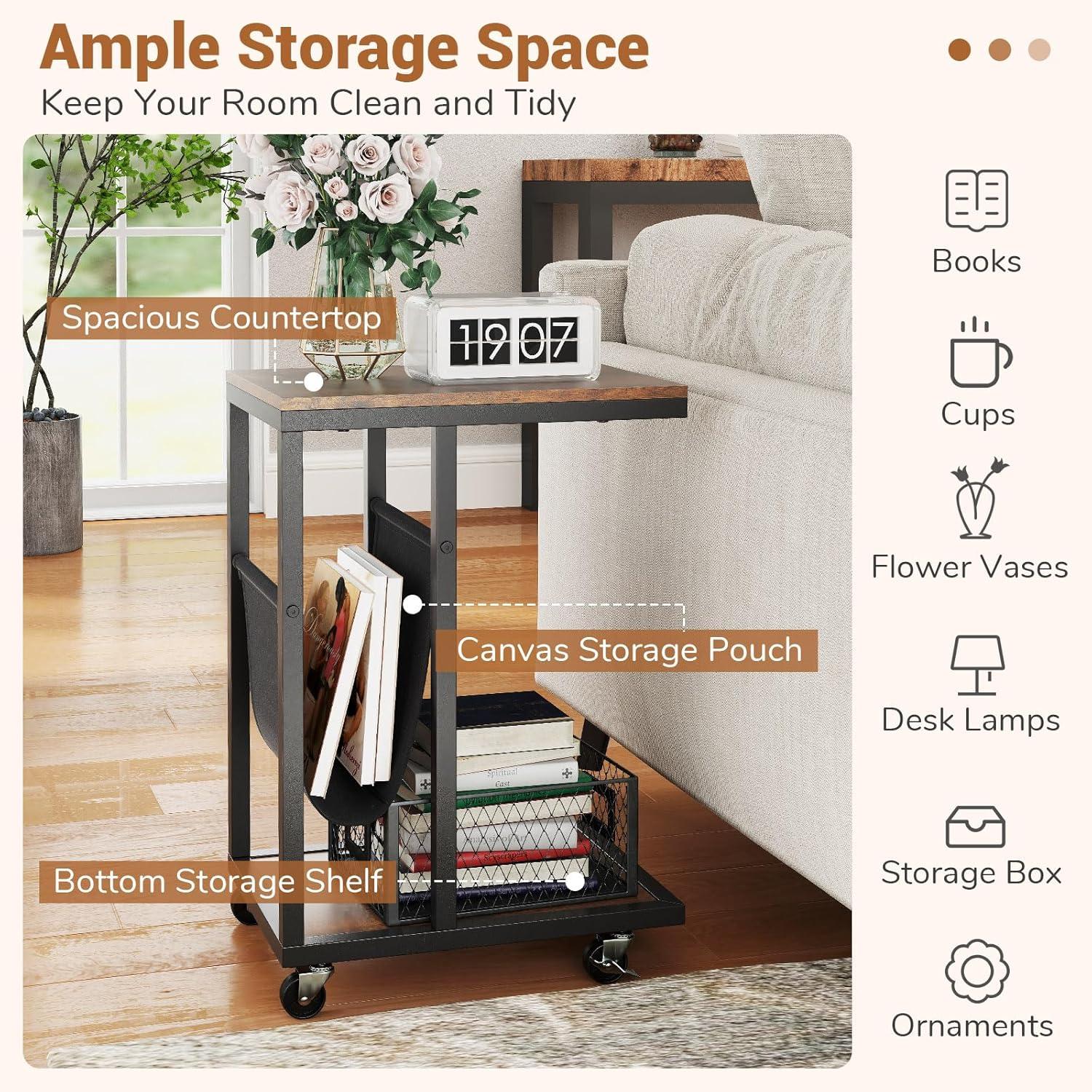 image:imageGiantex C Shaped End Table with Rolling Wheels Sofa Side Table with Magazine Storage Holder amp Metal Frame Mobile TV Tray Table for Small Space Living Room 16 L x 11 W x 23 H Rustic Brown1