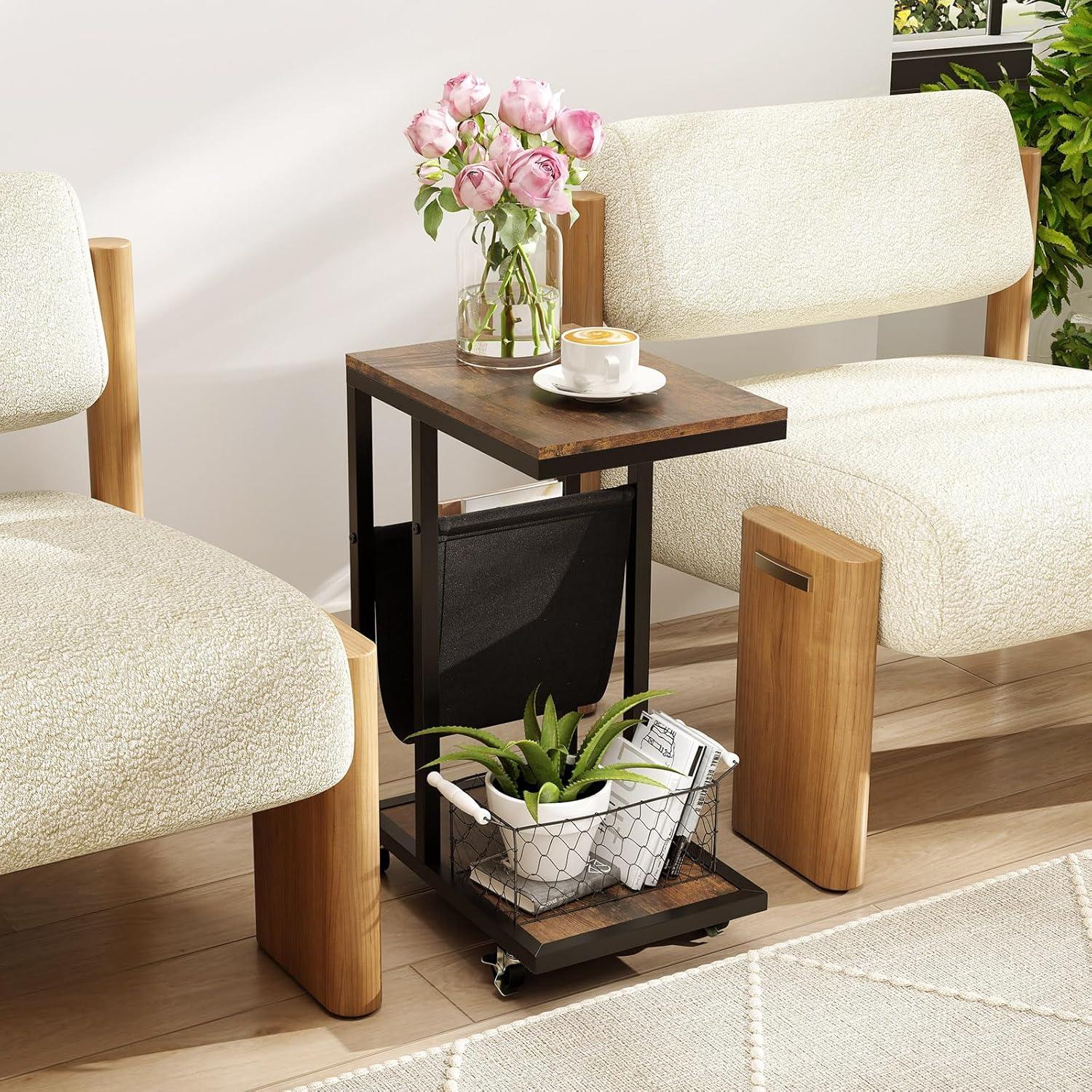 image:imageGiantex C Shaped End Table with Rolling Wheels Sofa Side Table with Magazine Storage Holder amp Metal Frame Mobile TV Tray Table for Small Space Living Room 16 L x 11 W x 23 H Rustic Brown2
