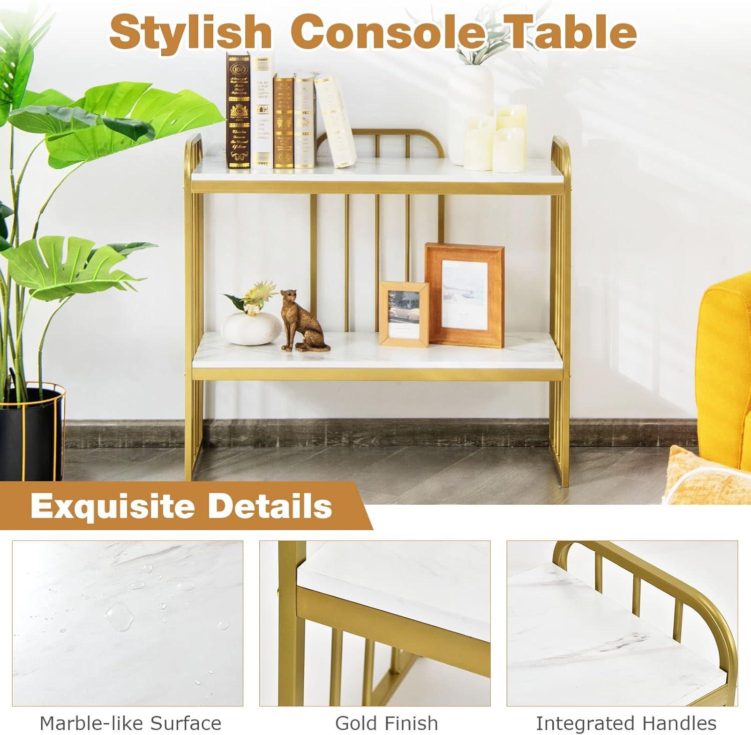image:imageGiantex Console Table 2 Tier Narrow Entryway Table with Shelf Faux Marble Tabletop and Metal Frame Freestanding Skinny Sofa Side Table for Hallway Dining Room Living Room Foyer Tables Gold