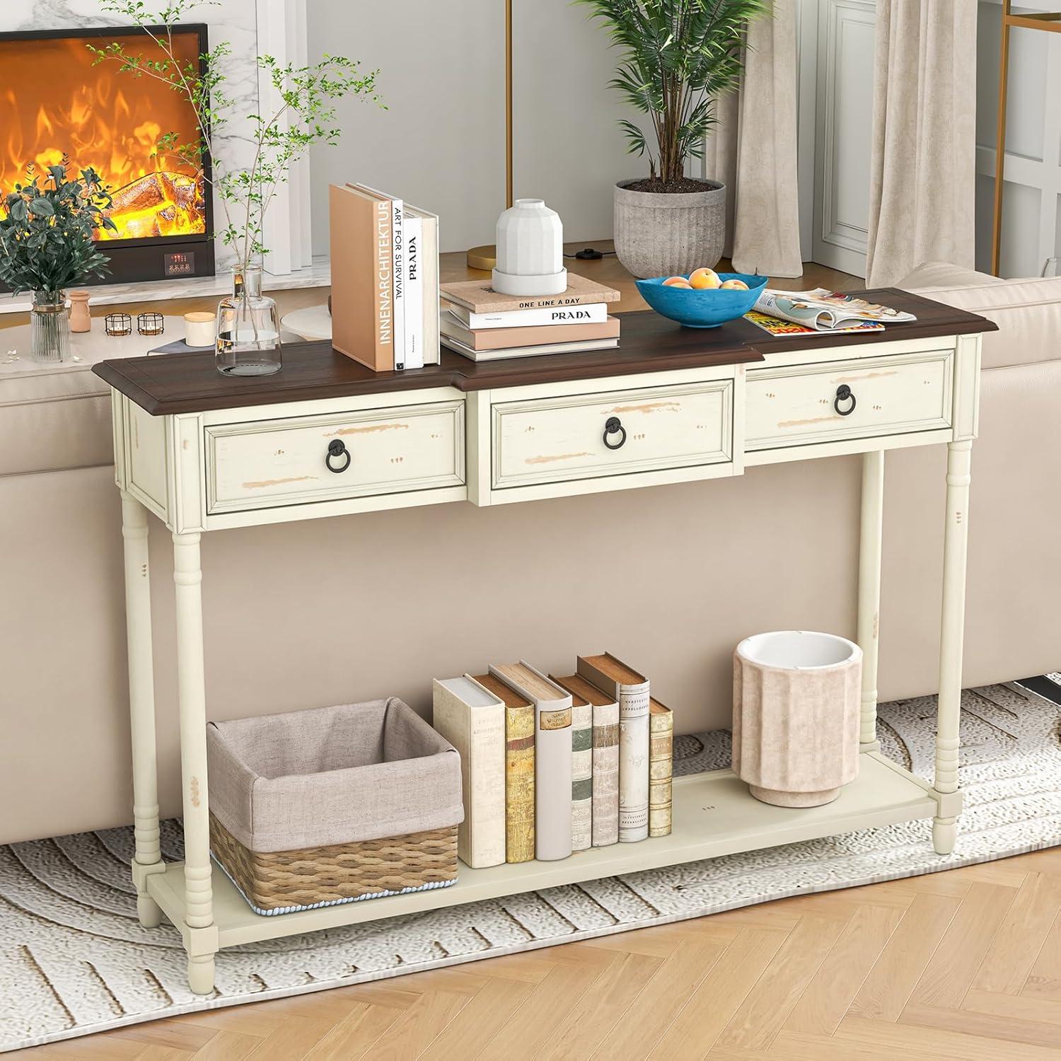 image:imageGiantex Console Table with 3 Storage Drawers Entry Table Rustic Farmhouse Entryway Table with Open Storage Shelf Solid Wood Legs Long Sofa Table for Living Room Hallway Narrow Console Table