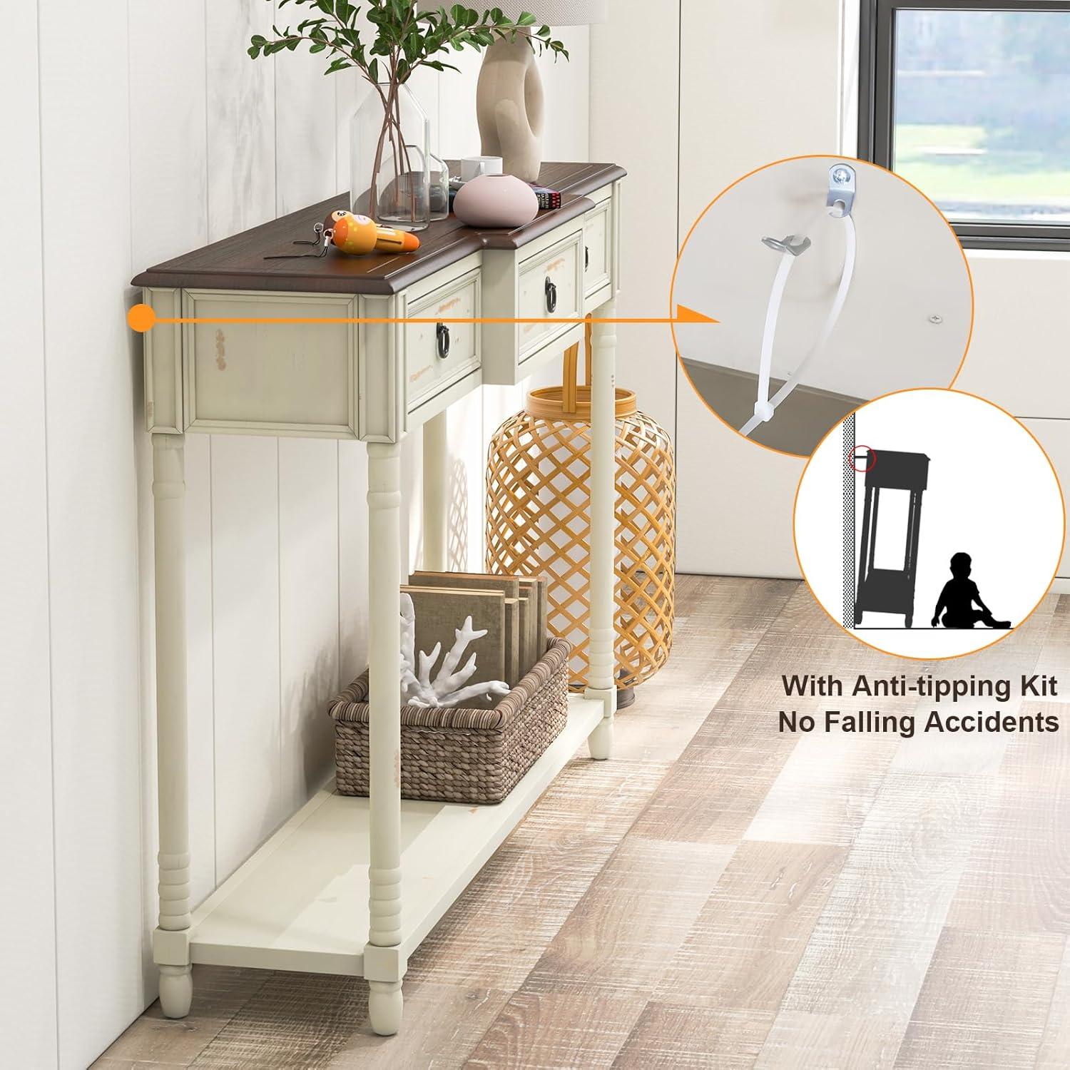 image:imageGiantex Console Table with 3 Storage Drawers Entry Table Rustic Farmhouse Entryway Table with Open Storage Shelf Solid Wood Legs Long Sofa Table for Living Room Hallway Narrow Console Table