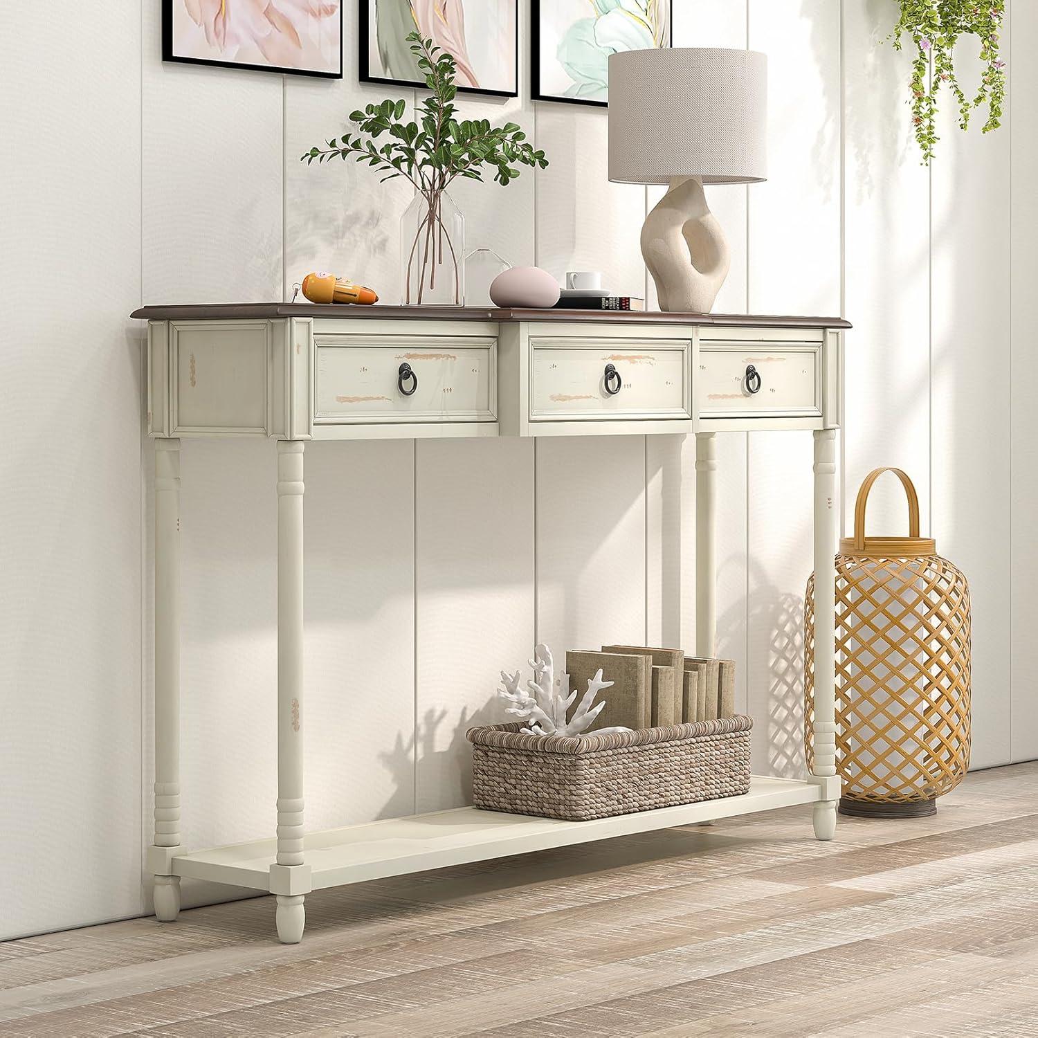 image:imageGiantex Console Table with 3 Storage Drawers Entry Table Rustic Farmhouse Entryway Table with Open Storage Shelf Solid Wood Legs Long Sofa Table for Living Room Hallway Narrow Console Table