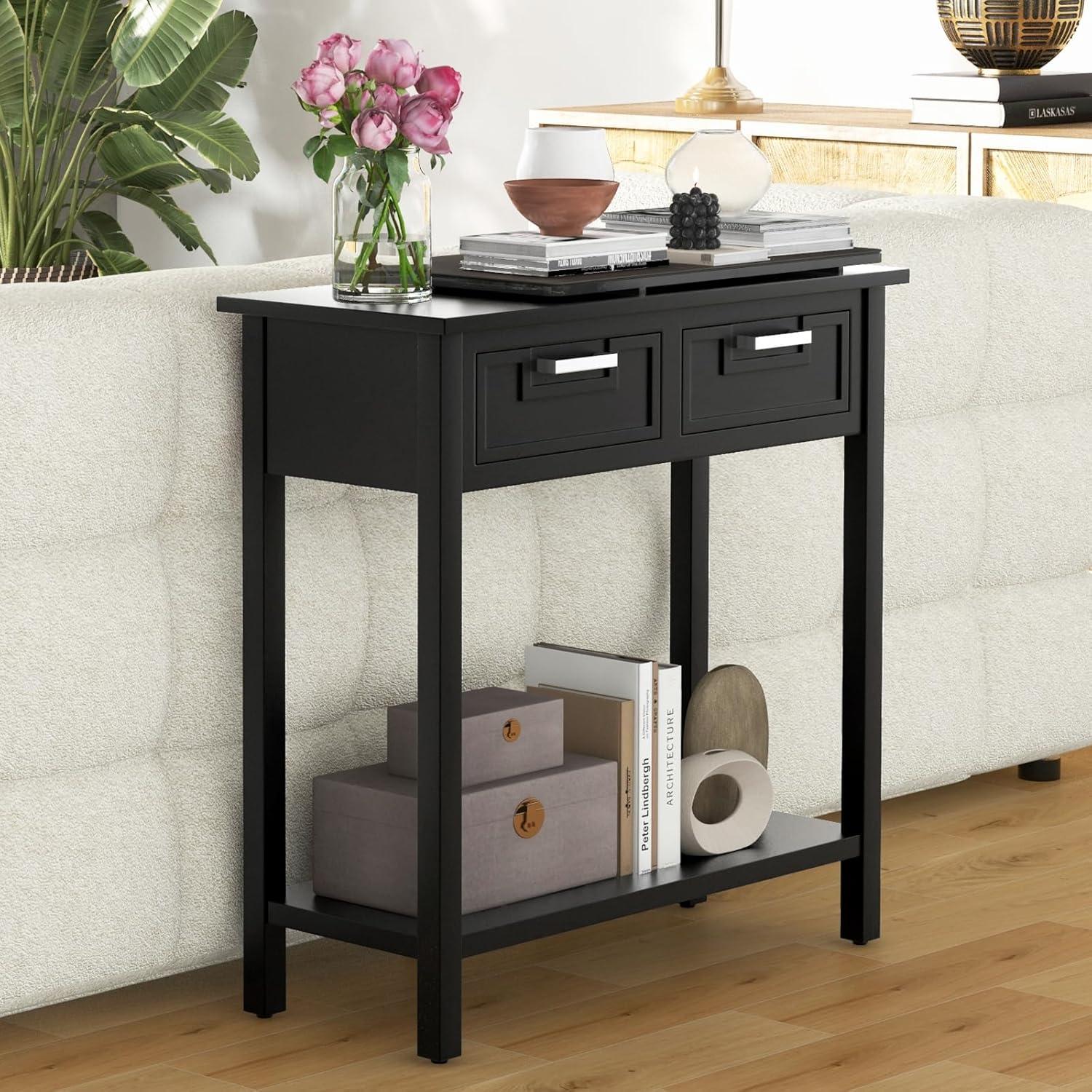 image:imageGiantex Console Table with Drawers Entry Table Narrow Sofa Table with Open Storage Shelf Wood Legs Foyer Table Entryway Table for Office Living Room Hallway Couch Table WhiteBlack