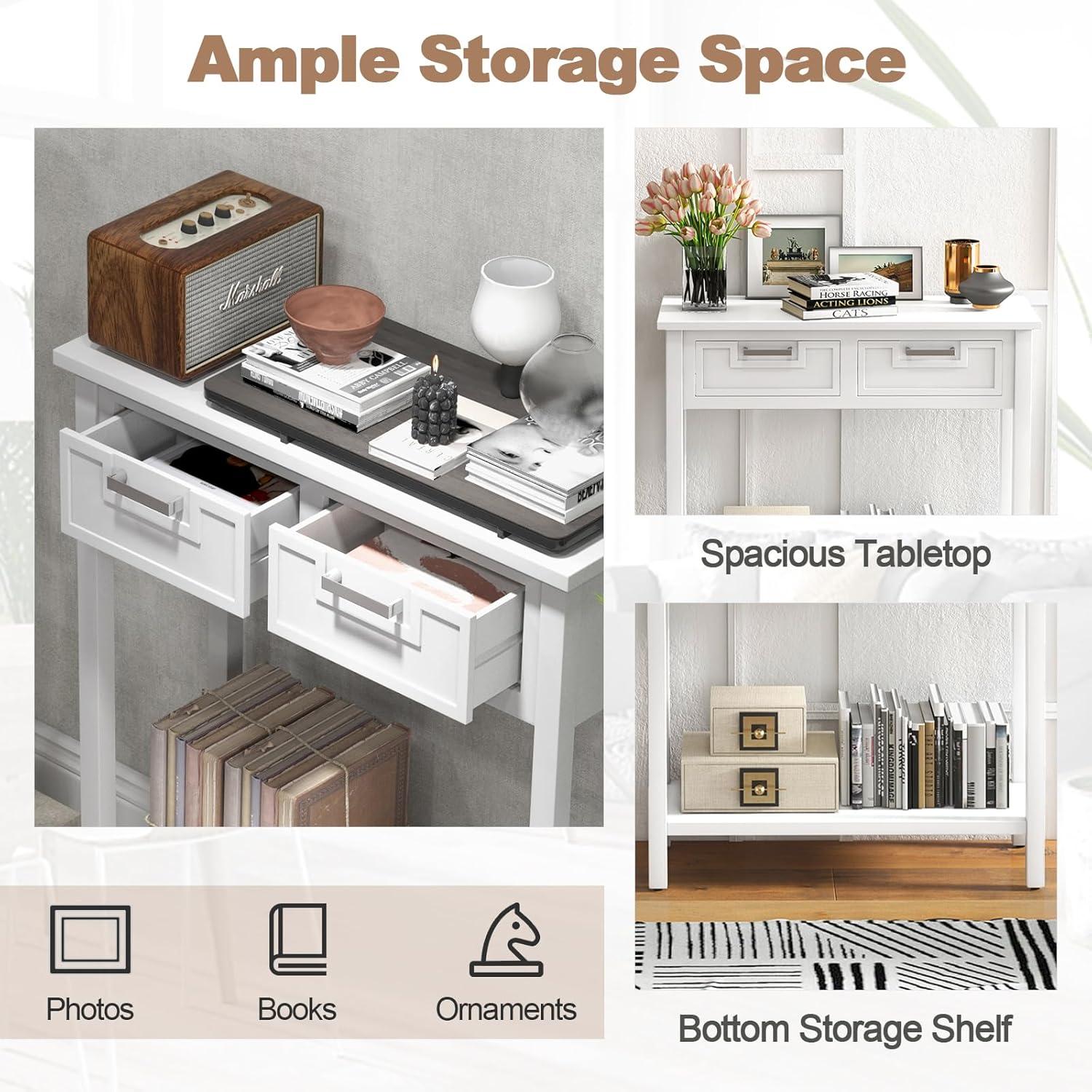 image:imageGiantex Console Table with Drawers Entry Table Narrow Sofa Table with Open Storage Shelf Wood Legs Foyer Table Entryway Table for Office Living Room Hallway Couch Table WhiteWhite