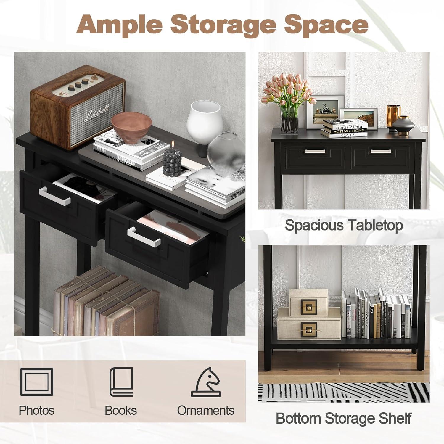 image:imageGiantex Console Table with Drawers Entry Table Narrow Sofa Table with Open Storage Shelf Wood Legs Foyer Table Entryway Table for Office Living Room Hallway Couch Table WhiteBlack