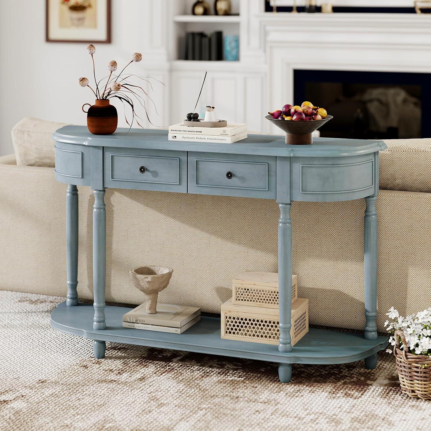 image:imageGiantex Console Table with Storage 52 Long Sofa Table with 2 Drawers Open Shelf Solid Wood Legs Narrow Entryway Table Vintage Behind Couch Entry Table for Living Room Hallway Foyer