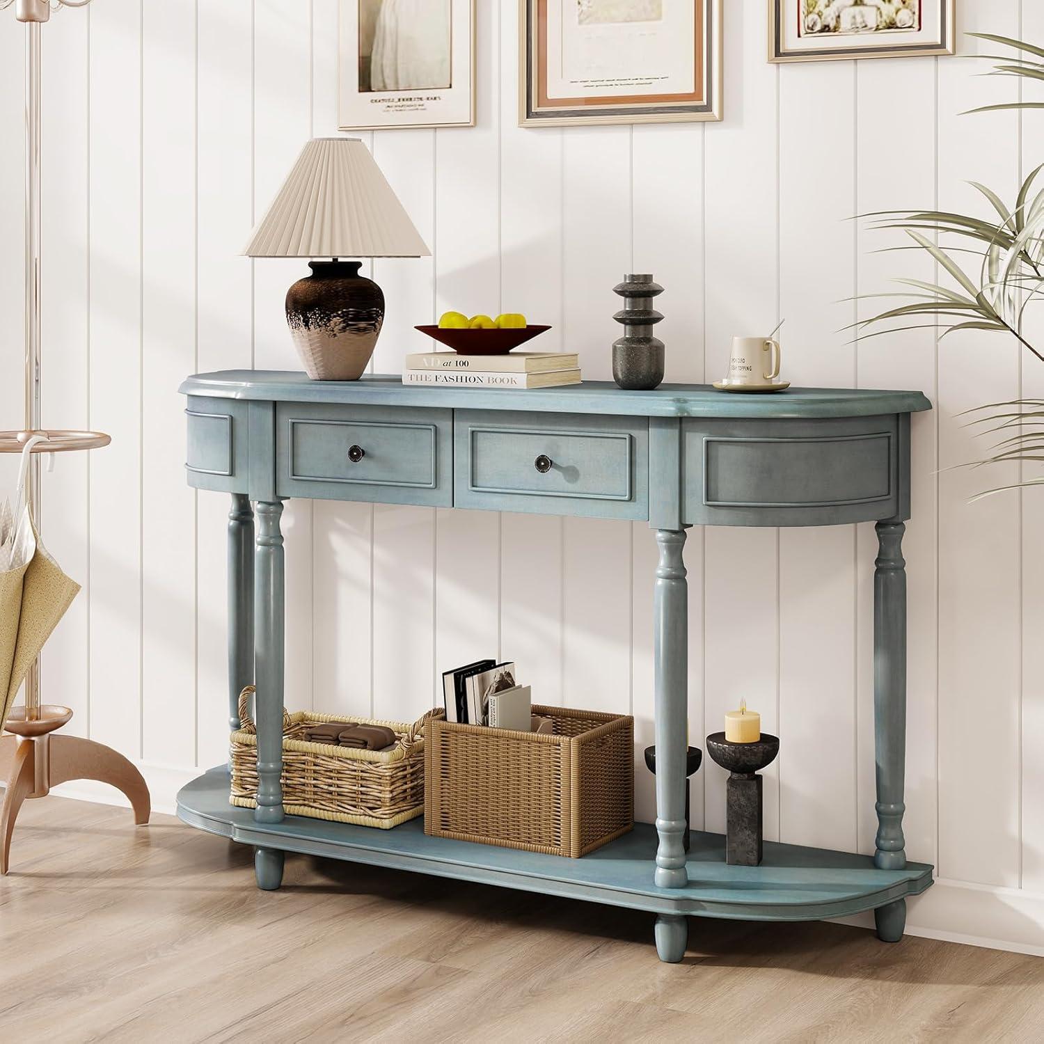 image:imageGiantex Console Table with Storage 52 Long Sofa Table with 2 Drawers Open Shelf Solid Wood Legs Narrow Entryway Table Vintage Behind Couch Entry Table for Living Room Hallway Foyer