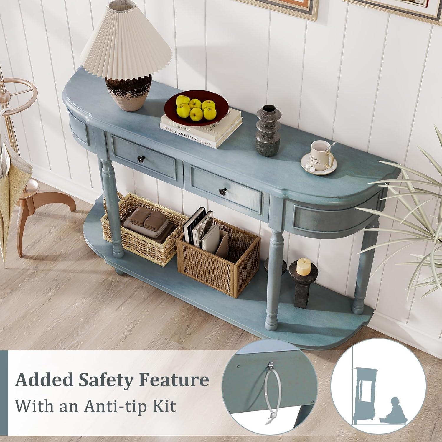 image:imageGiantex Console Table with Storage 52 Long Sofa Table with 2 Drawers Open Shelf Solid Wood Legs Narrow Entryway Table Vintage Behind Couch Entry Table for Living Room Hallway Foyer