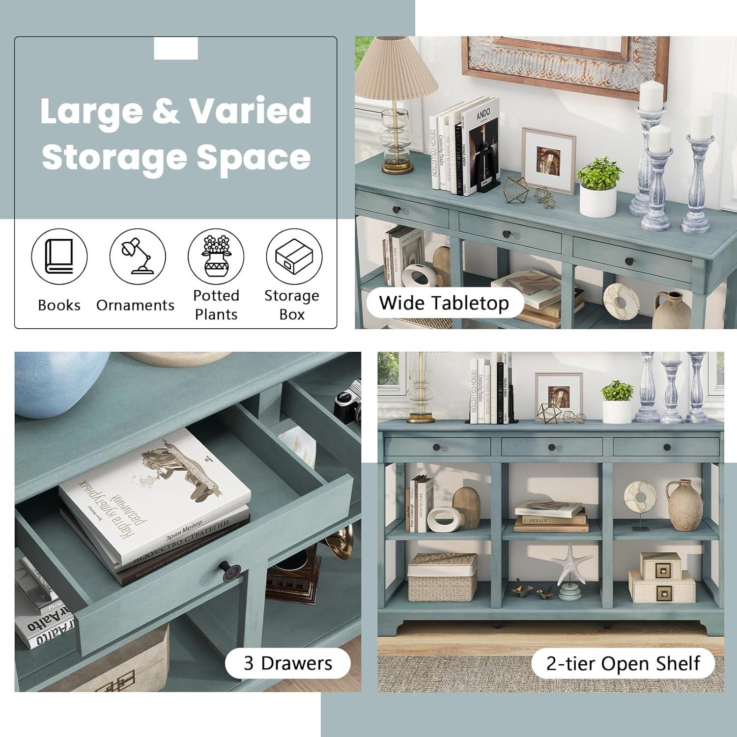 image:imageGiantex Console Table with Storage 58 Long Sofa Table with 3 Drawers amp Open Shelves Solid Wood Legs Narrow Entryway Table Vintage Behind Couch Table for Living Room Hallway Entry Table BlueBlue
