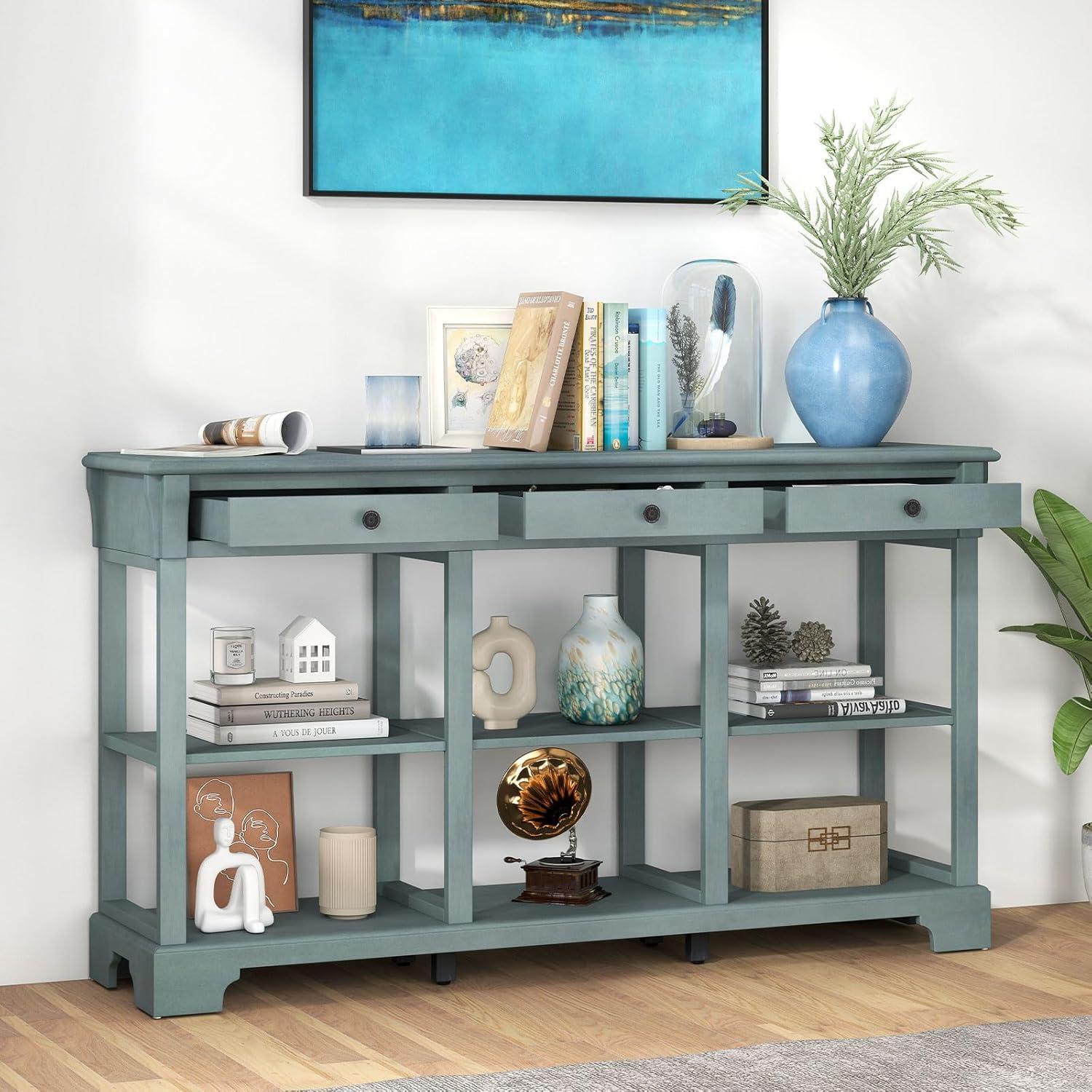 image:imageGiantex Console Table with Storage 58 Long Sofa Table with 3 Drawers amp Open Shelves Solid Wood Legs Narrow Entryway Table Vintage Behind Couch Table for Living Room Hallway Entry Table BlueBlue