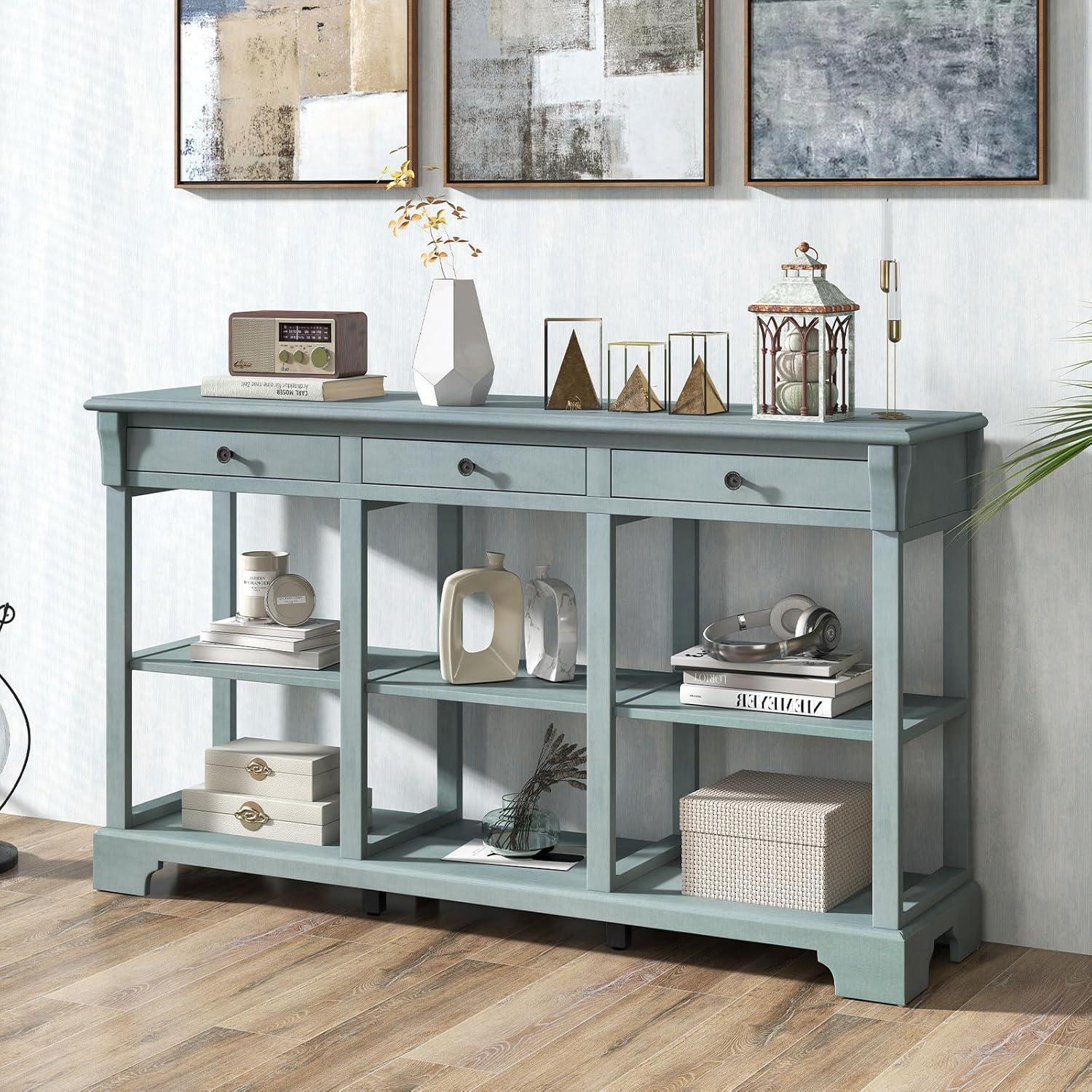 image:imageGiantex Console Table with Storage 58 Long Sofa Table with 3 Drawers amp Open Shelves Solid Wood Legs Narrow Entryway Table Vintage Behind Couch Table for Living Room Hallway Entry Table BlueBlue