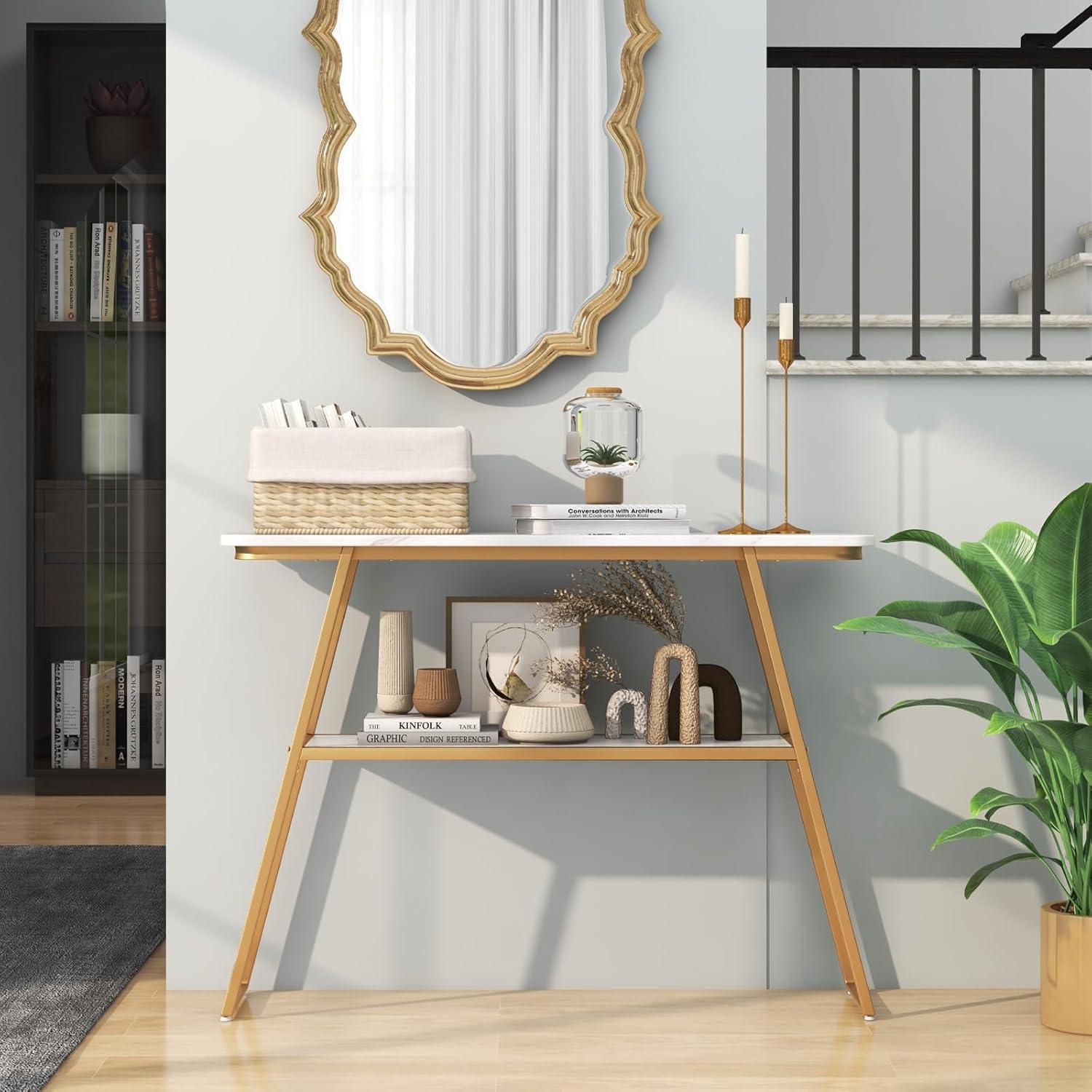 image:imageGiantex Console Table with Storage Shelf 44 Entryway Table Long Narrow Couch Table with Golden Metal Frame MarbleLike Board Foyer Table Sofa Side Table for Living Room Hallway Entry Table