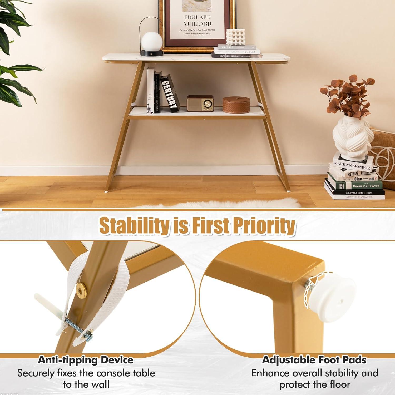 image:imageGiantex Console Table with Storage Shelf 44 Entryway Table Long Narrow Couch Table with Golden Metal Frame MarbleLike Board Foyer Table Sofa Side Table for Living Room Hallway Entry Table