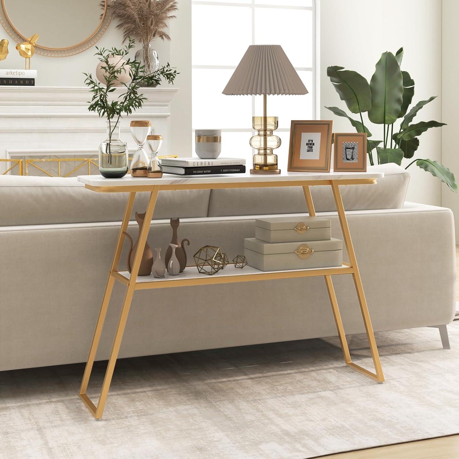 image:imageGiantex Console Table with Storage Shelf 44 Entryway Table Long Narrow Couch Table with Golden Metal Frame MarbleLike Board Foyer Table Sofa Side Table for Living Room Hallway Entry Table