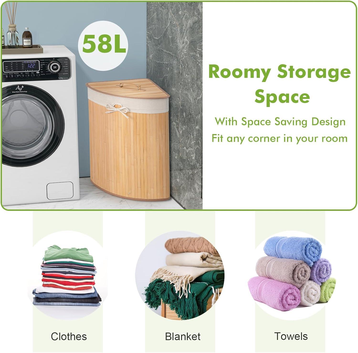 image:imageGiantex Corner Laundry Hamper with Lid 58 L Bamboo Laundry Basket with Removable Liner amp Handle Triangle Clothes Hamper for Small Spaces Bedroom Bathroom Laundry amp Living Room BlackNatural