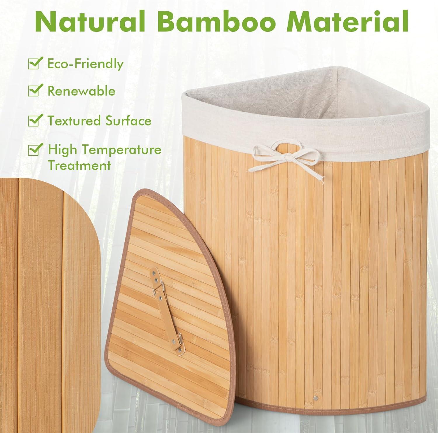 image:imageGiantex Corner Laundry Hamper with Lid 58 L Bamboo Laundry Basket with Removable Liner amp Handle Triangle Clothes Hamper for Small Spaces Bedroom Bathroom Laundry amp Living Room BlackNatural